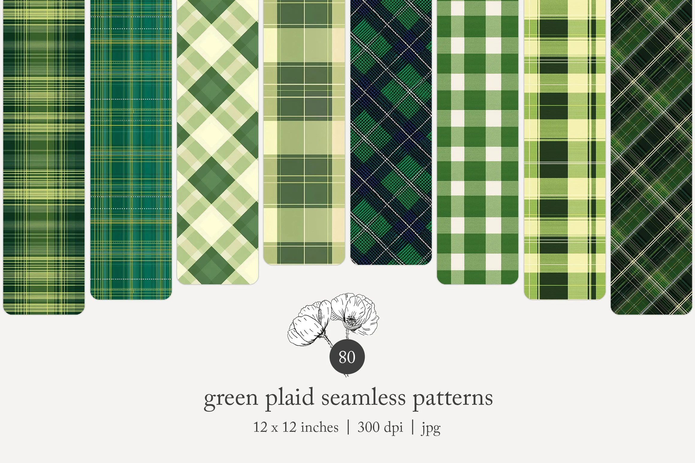 Collection of nine different green plaid seamless patterns, each with a distinct tartan design, displayed in vertical strips.