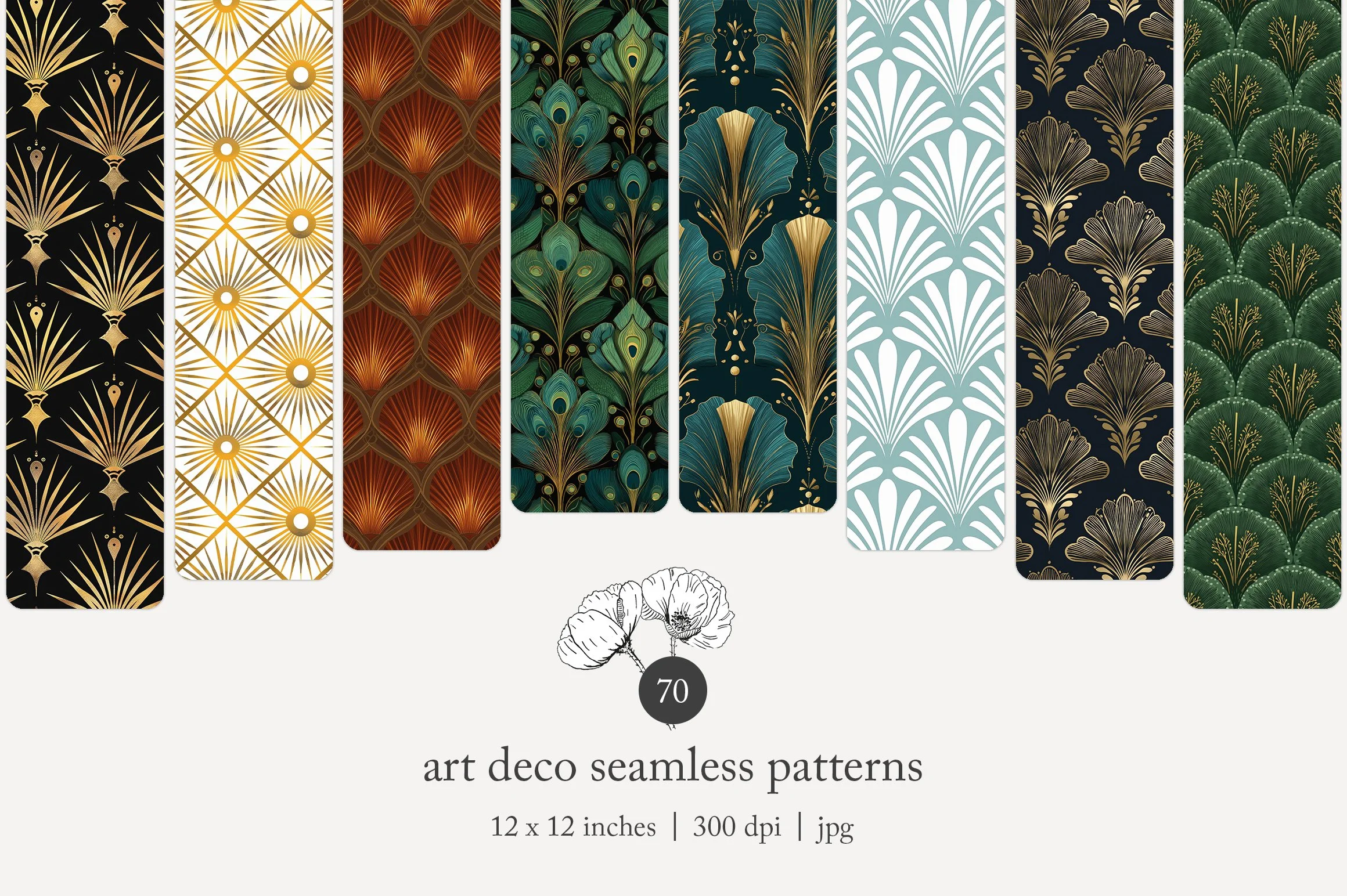 Collection of art deco seamless patterns in various colors including black and gold, white and gold, brown and orange, green and teal, white and gold, navy and gold, and dark green with gold accents. Each pattern features geometric and floral motifs 