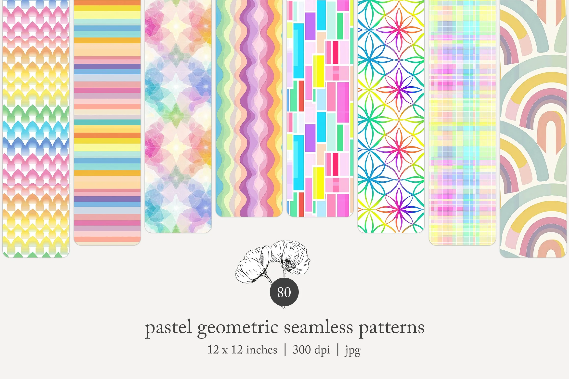 Nine vertical pastel geometric seamless patterns including repeating designs of shapes, stripes, stars, wavy lines, rectangles, floral motifs, mosaic grids, and arches. Each pattern features soft pastel colors like pink, purple, blue, yellow, green, 