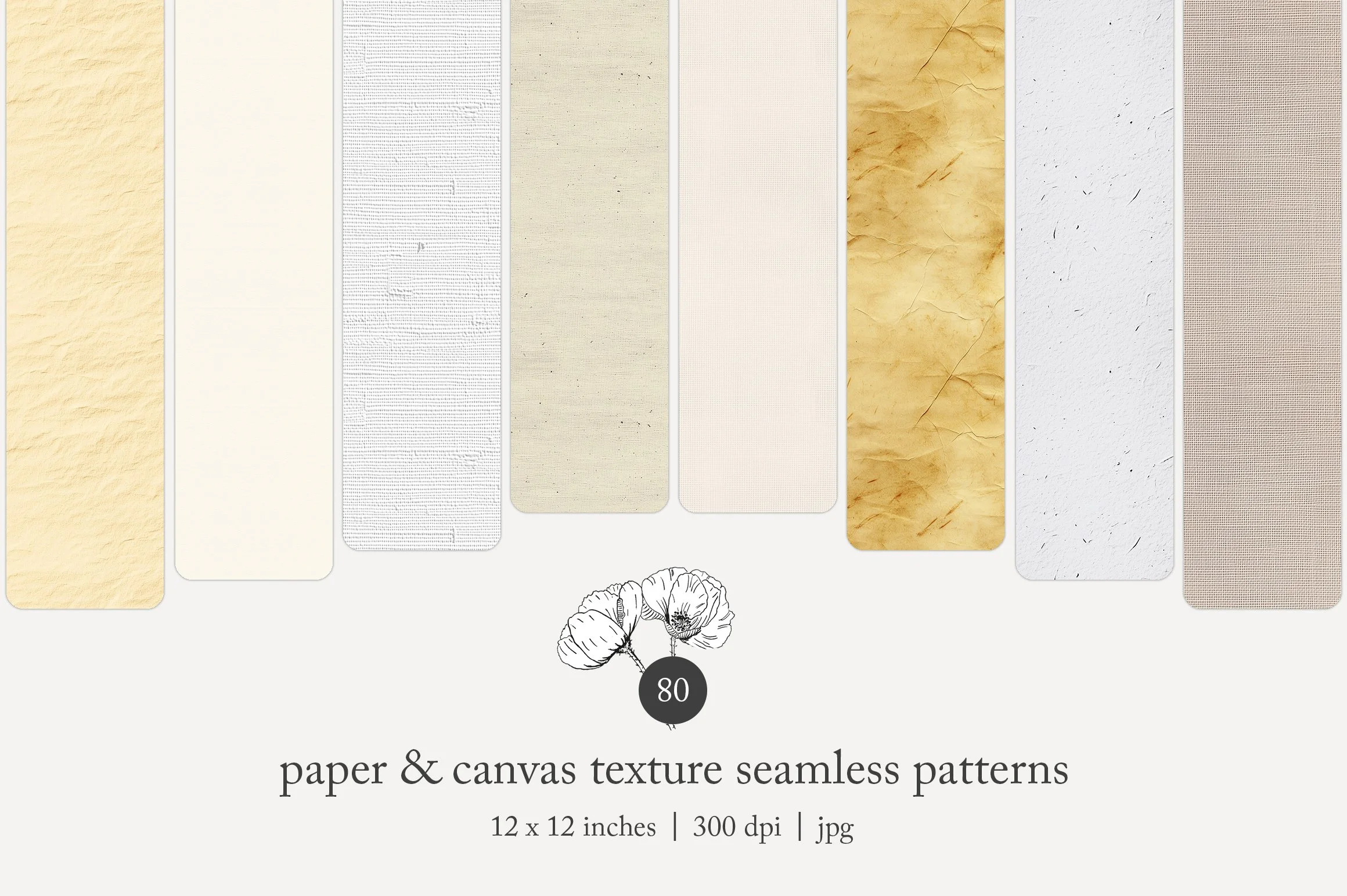 A collection of paper and canvas textures with seamless patterns in various neutral tones, including beige, cream, white, and light brown, arranged vertically against a white background with a small black flower illustration below.