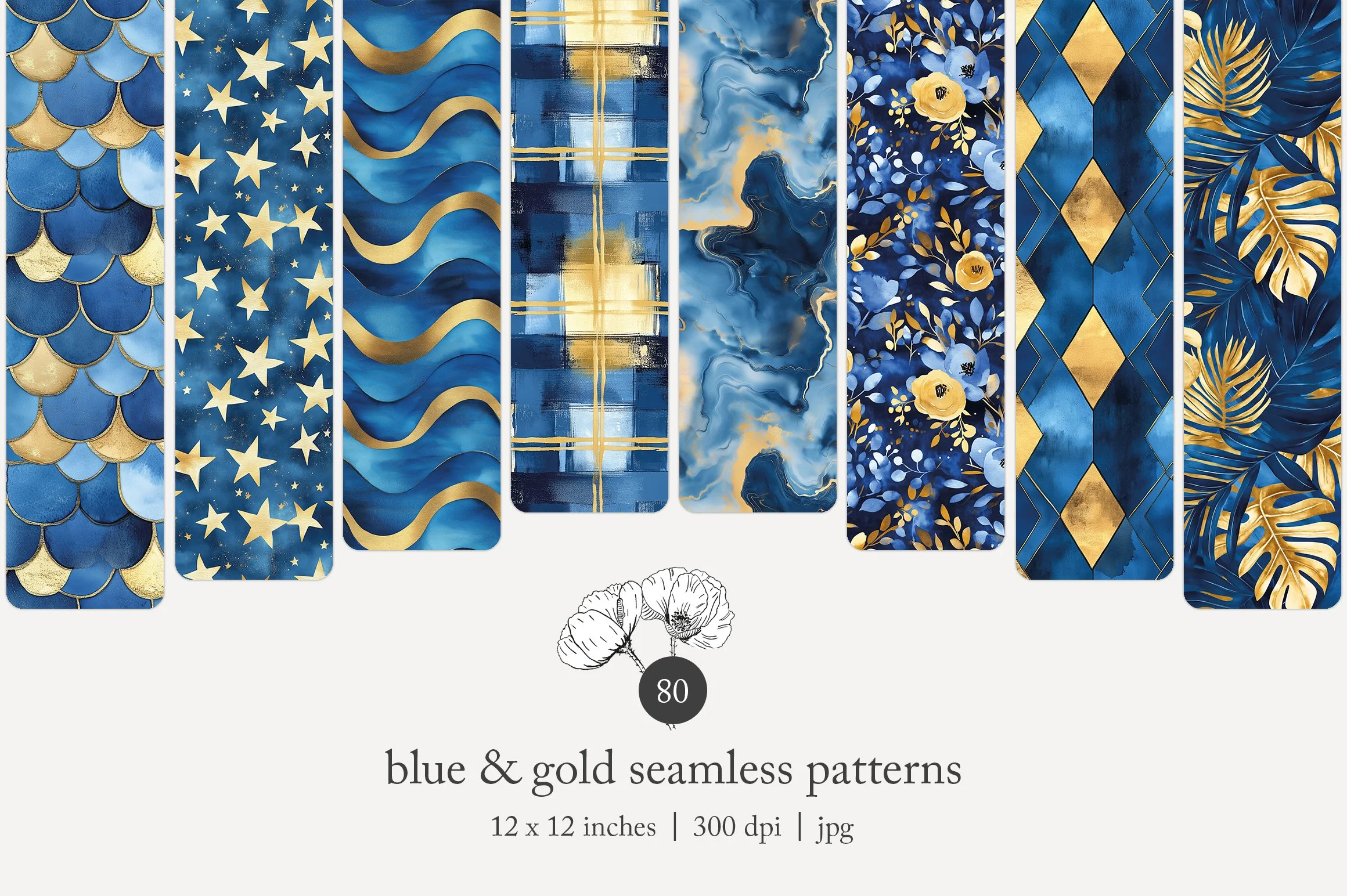 Set of eight seamless patterns in blue and gold colors, featuring scale-like shapes, stars, wavy lines, plaid, marbled textures, floral motifs, diamond shapes, and tropical leaves.
