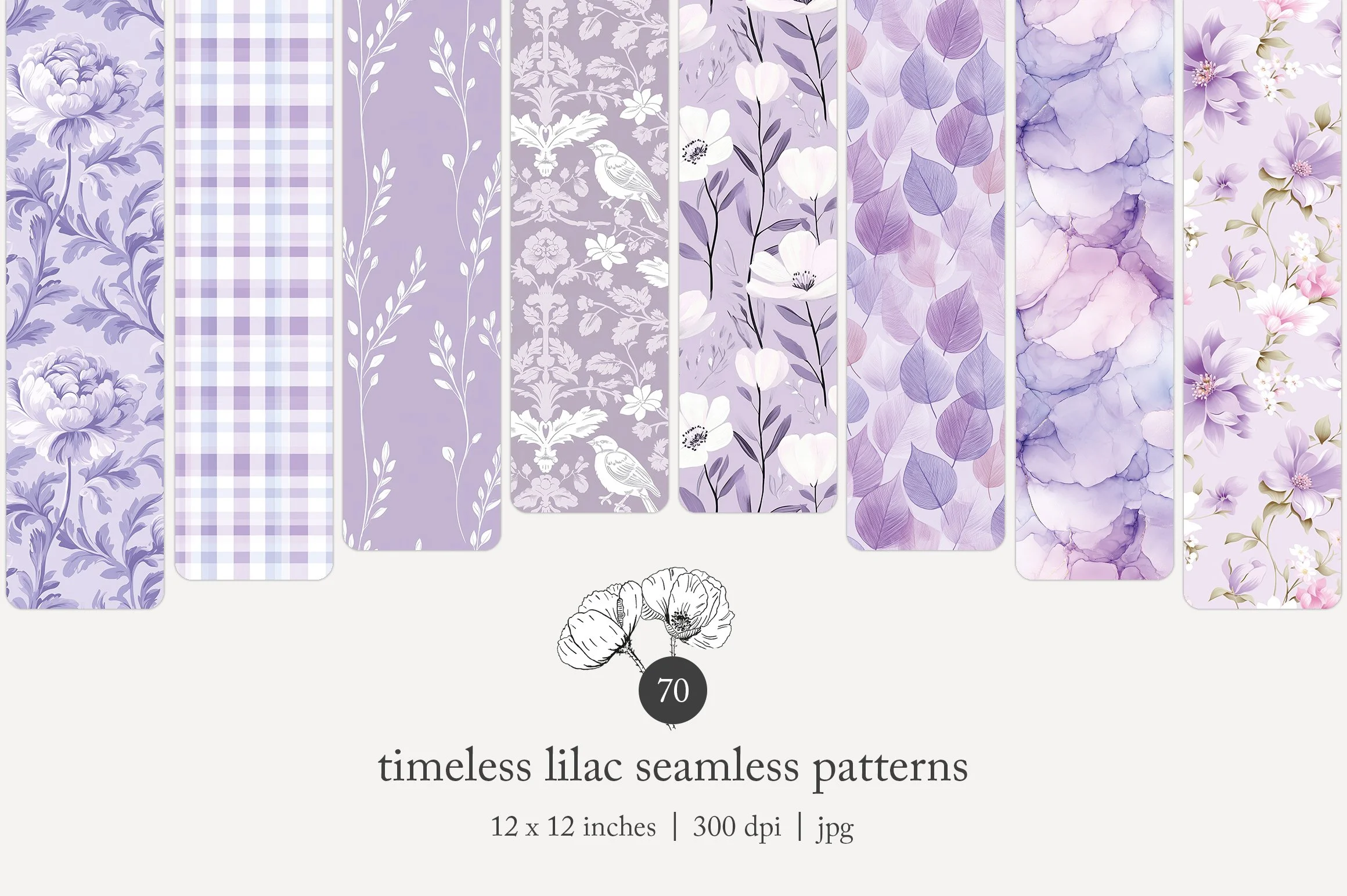 A collection of seamless Lilac patterns with various floral and abstract designs, shown in purple and white tones, suitable for fabric or wallpaper.