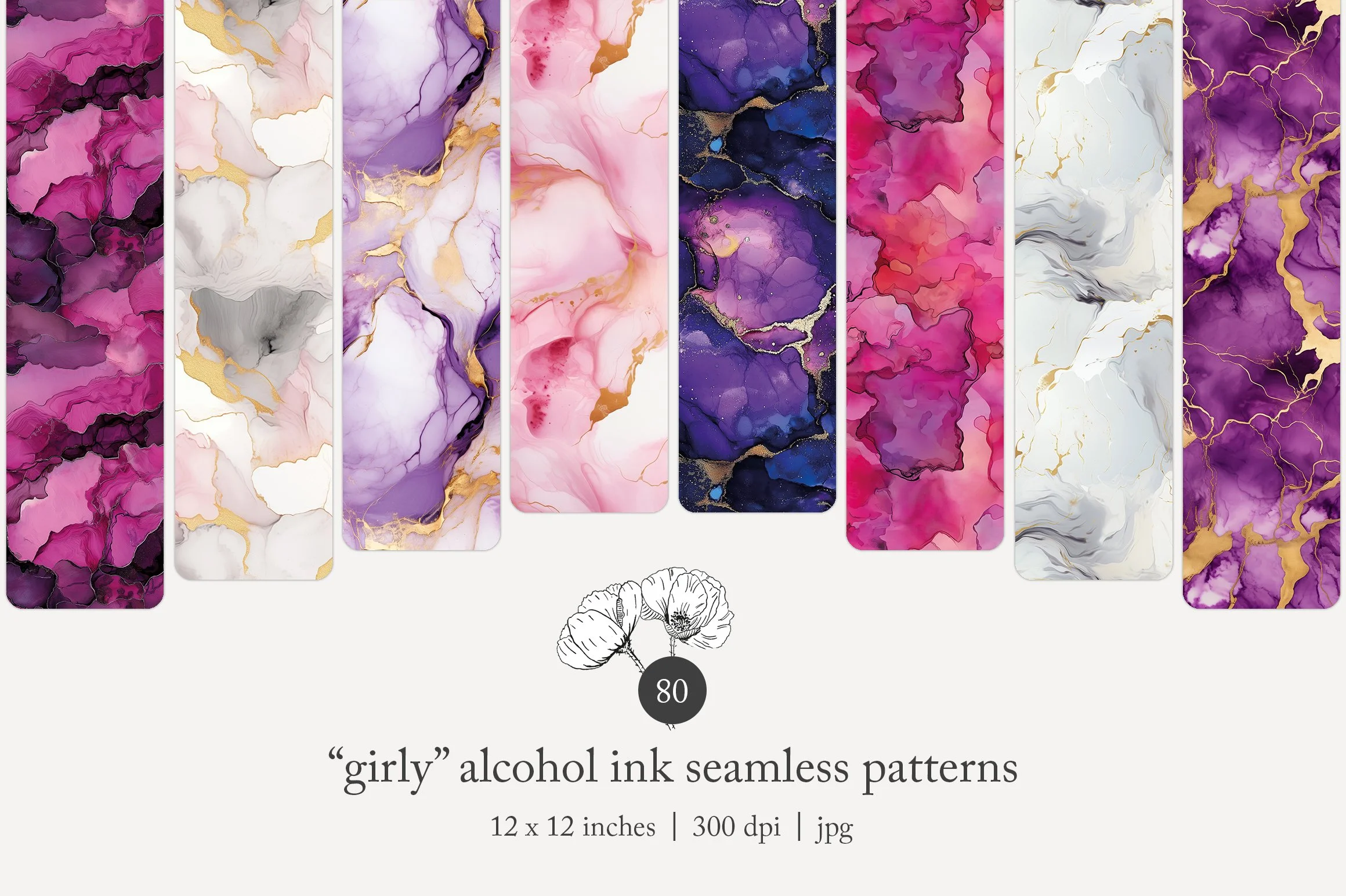 Set of ten seamless alcohol ink patterns featuring pink, purple, white, and gold marbled designs
