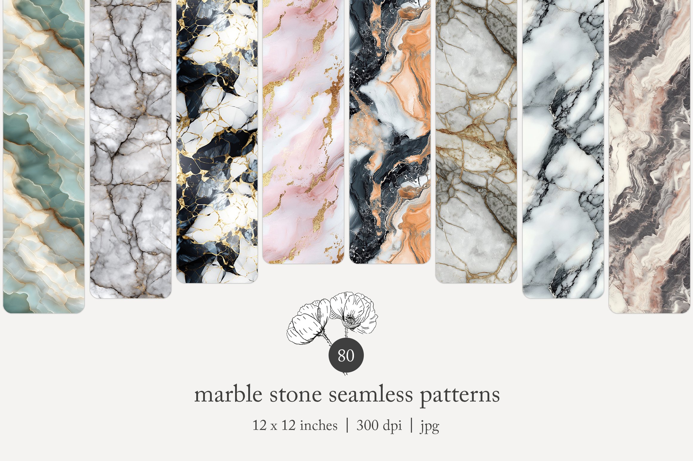 Display of eight marble stone seamless patterns showing different colors and veining styles, ranging from green and white to black, pink, and brown marble designs.