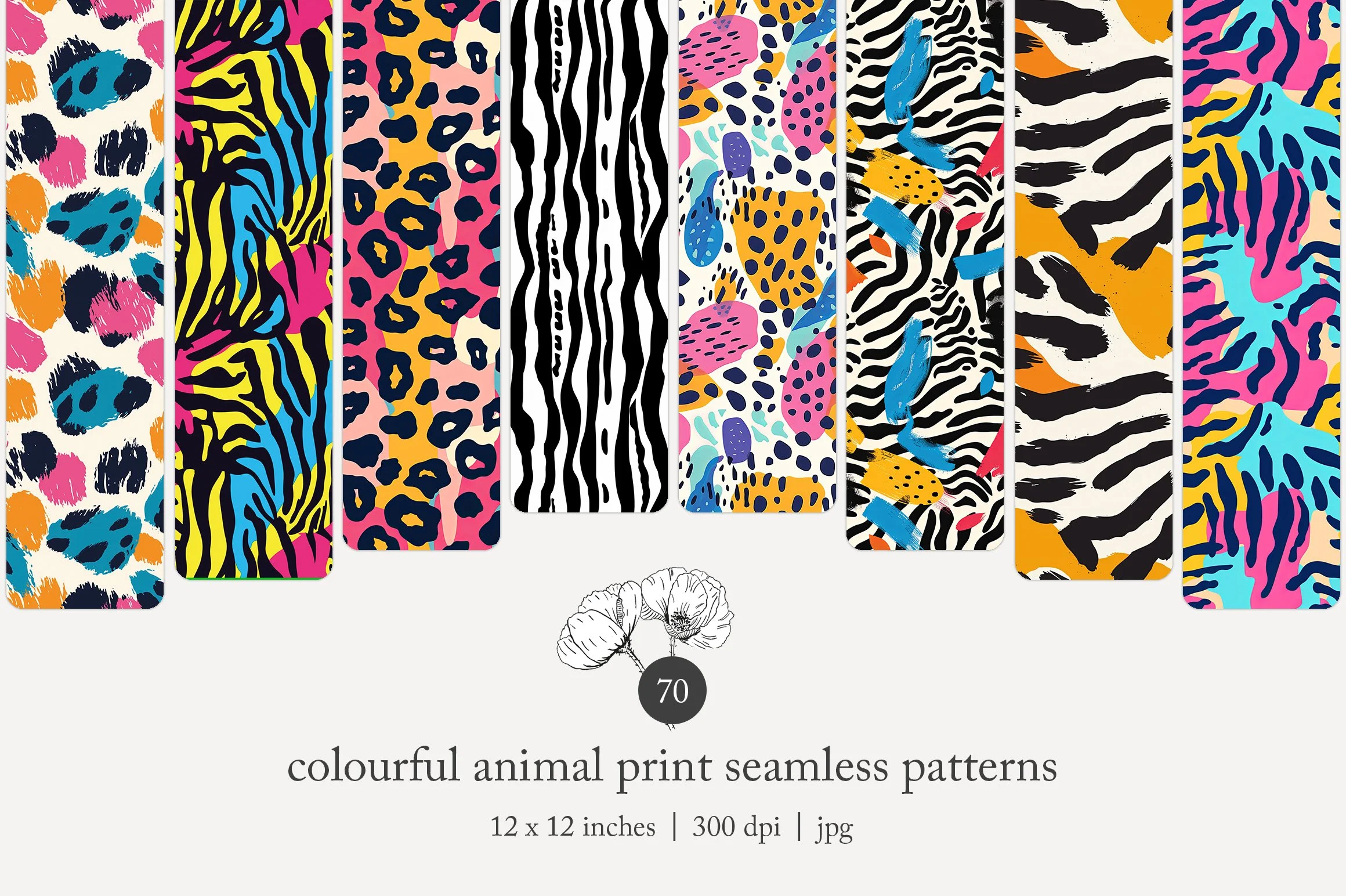 A collection of eight colorful animal print seamless patterns inspired by various animals such as leopards, zebras, and tigers, displayed as vertical swatches. The patterns feature abstract, vibrant, and bold designs in colors like pink, blue, yellow