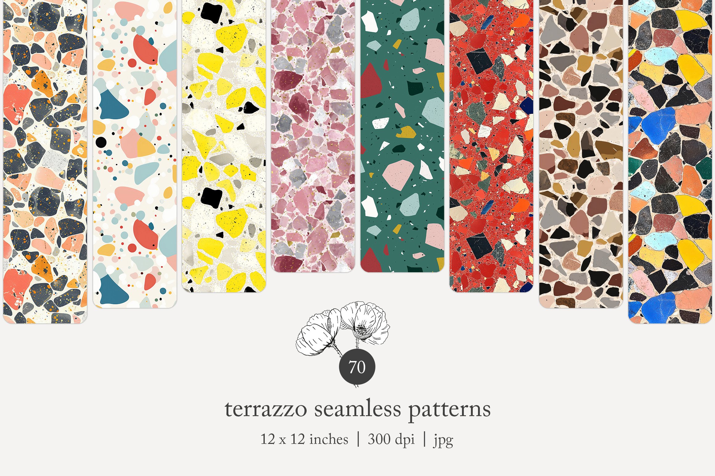 A collection of ten terrazzo seamless patterns in various colors and designs, exhibited as rectangular samples on a white background. The patterns feature a mix of multicolored stone fragments arranged randomly, with some featuring speckled effects a