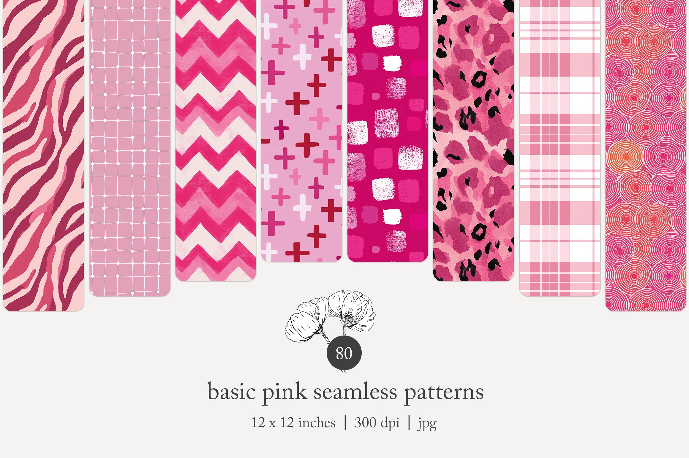 A collection of eight pink patterns with various designs including zebra stripes, grid, chevron, plus signs, abstract squares, animal print, plaid, and circles.