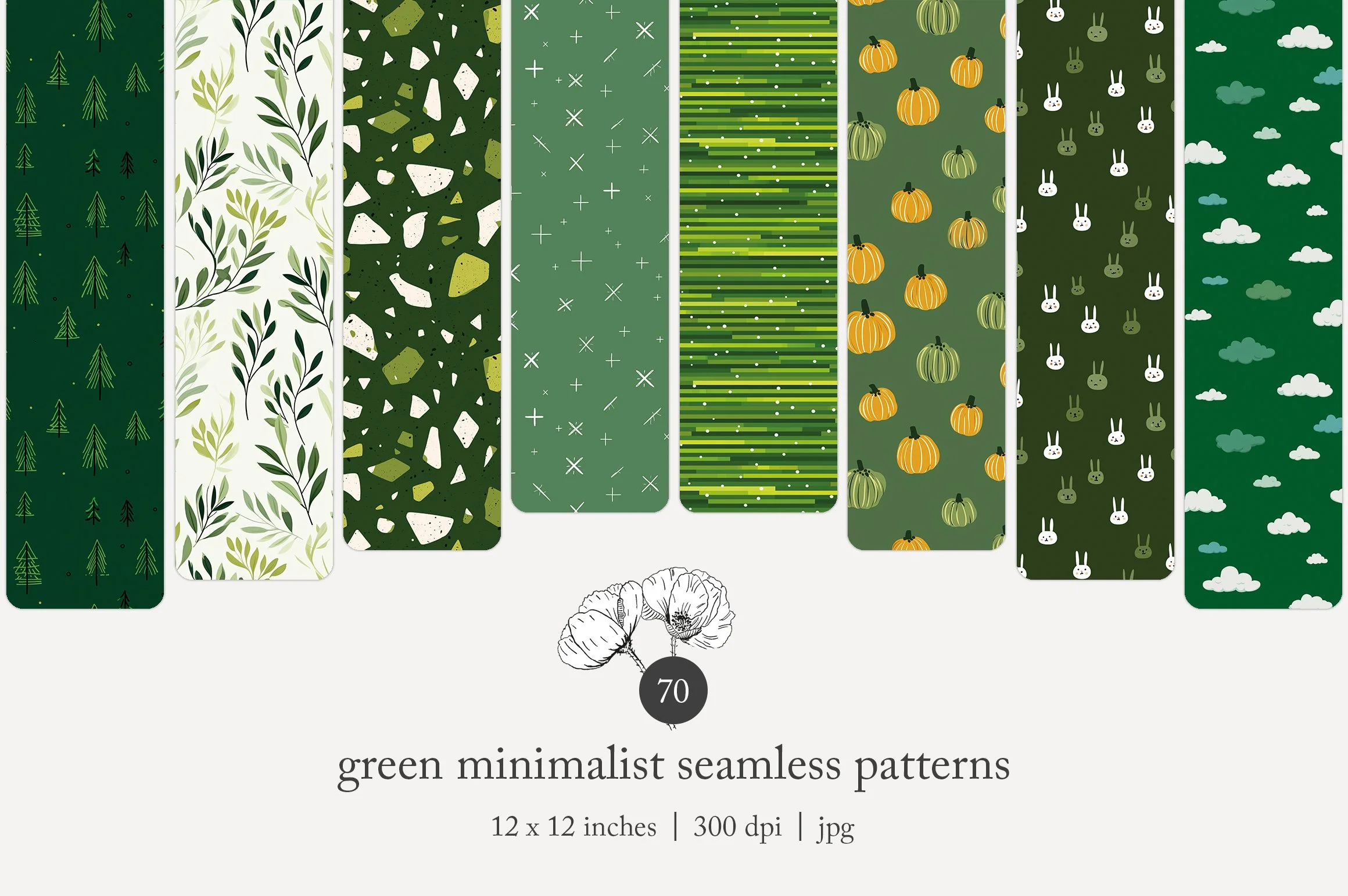 Set of nine green minimalist seamless patterns featuring various nature-inspired designs, including trees, leaves, abstract shapes, star-like sparkles, horizontal lines, pumpkins, bunny faces, and cloud motifs.