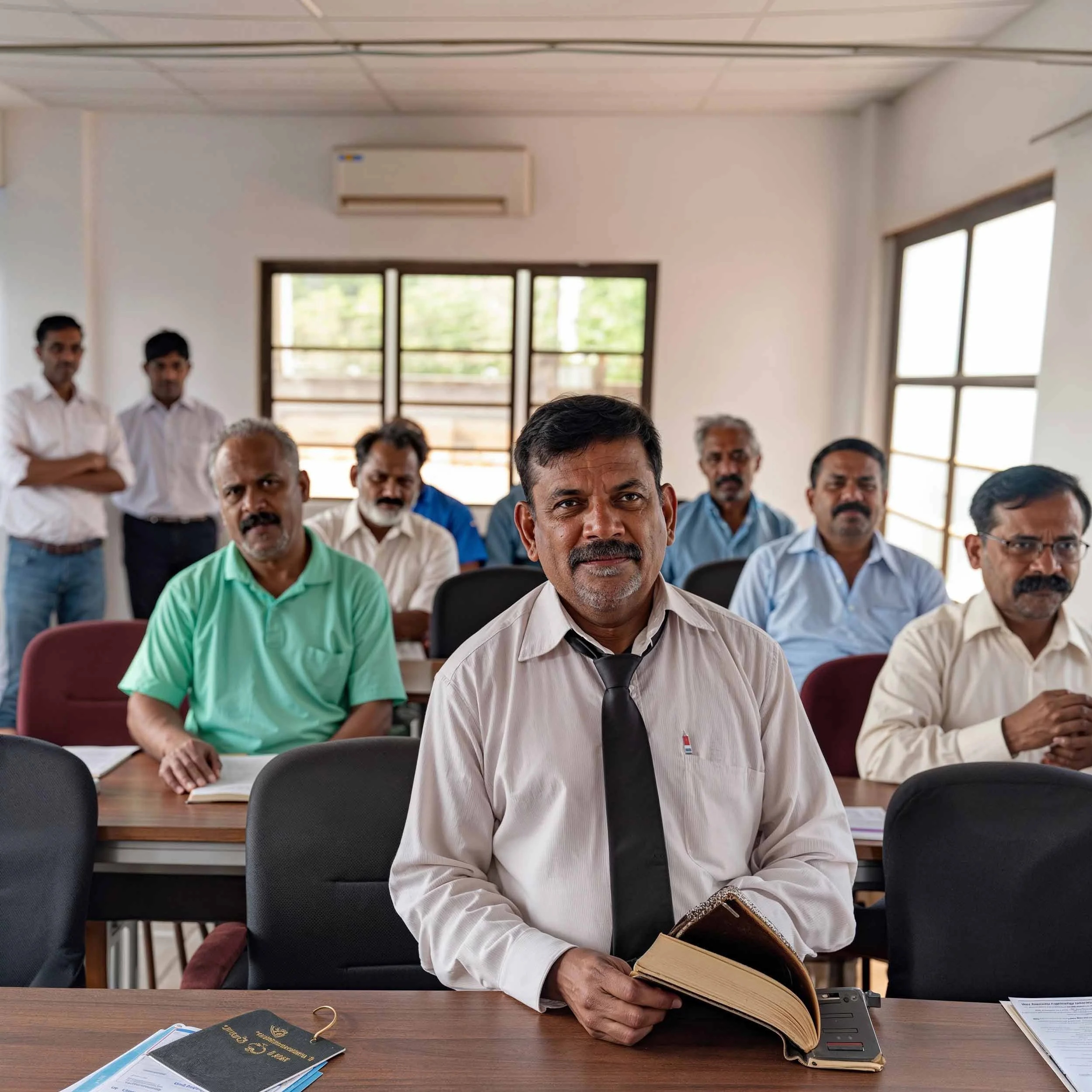 A group of men sitting in a classroom, with one man in a tie holding a book, and others seated at desks. Some men stand in the back, while papers and notebooks are visible on the desks.