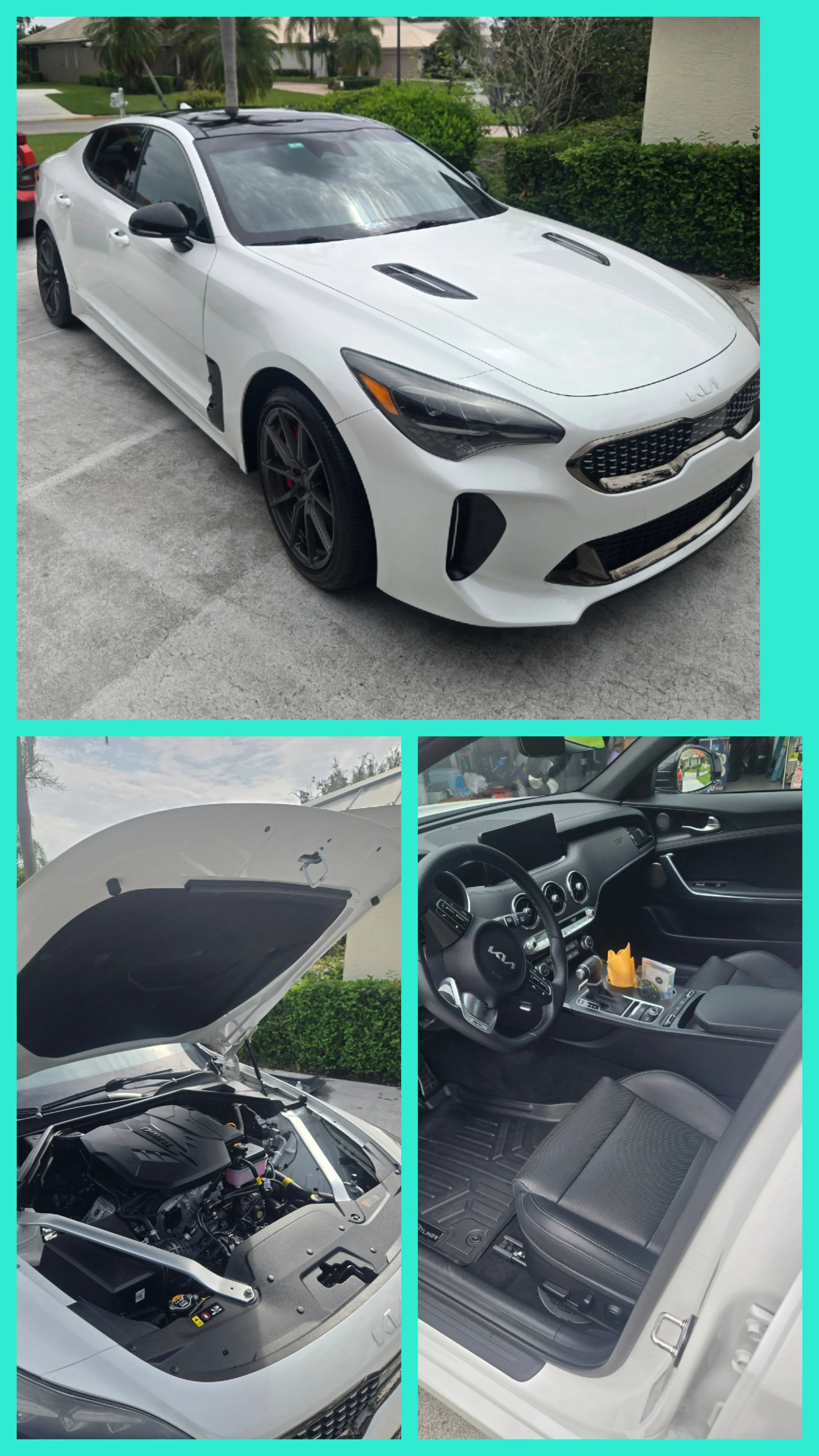 A white Kia sedan parked in a driveway with various features visible including an open hood, interior dashboard, and seats.