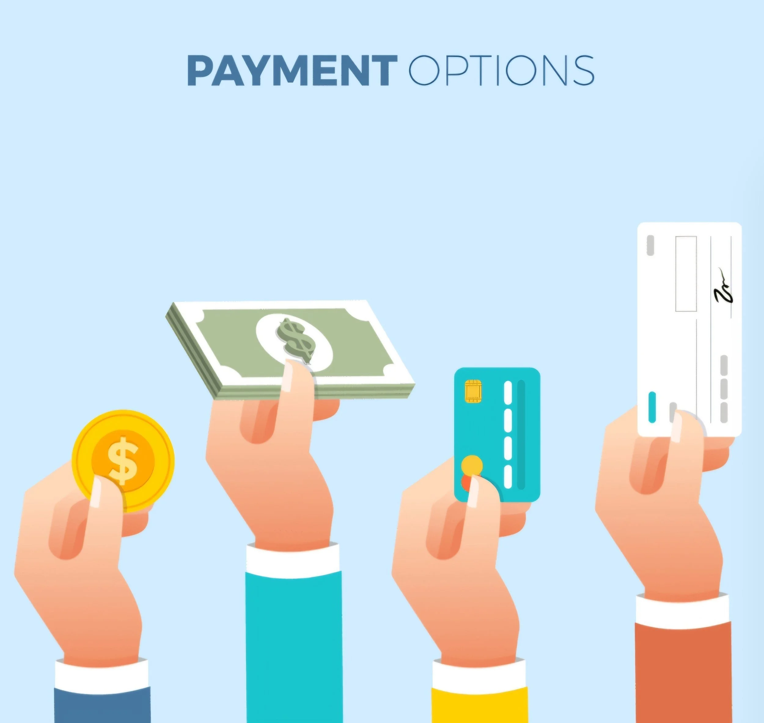 Hands holding coins, cash, credit cards, and a check, representing different payment options.