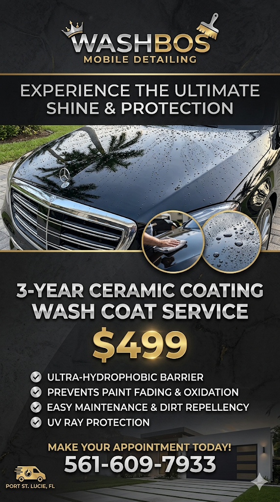 3-year ceramic coating wash coat service for $499, featuring benefits like UV ray protection, easy maintenance, and paint protection.