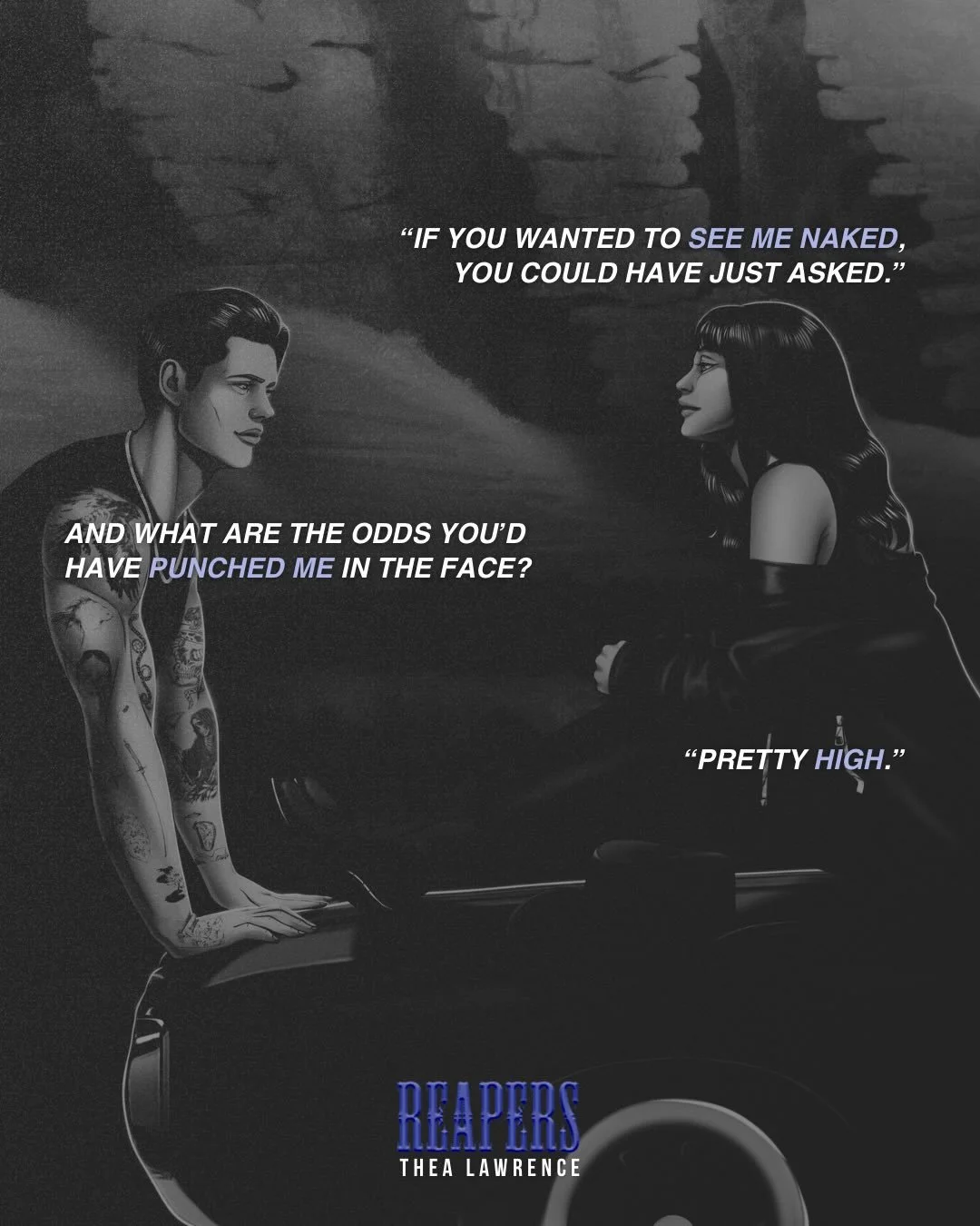 WIP WEDNESDAY 💜🖤 Reapers

I love these two idiots who can&rsquo;t stand each other 🤭 Thank you to @_art_valery_ for this gorgeous character art! I&rsquo;m so in love with them. 

REAPERS is a dark second chance cowboy romance and the second book i