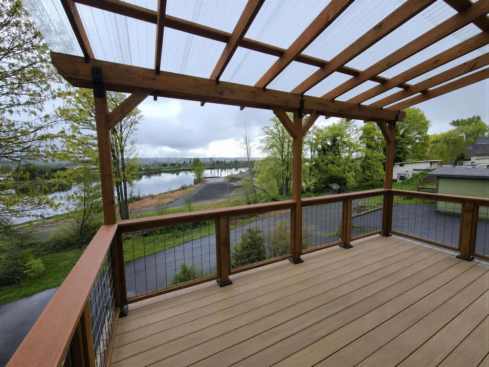 Second-story covered deck overlooking the Snohomish River in Everett, WA