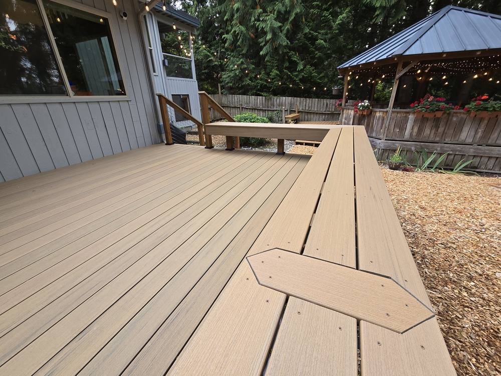 TimberTech Coconut Husk composite decking with built-in bench seat and accent board