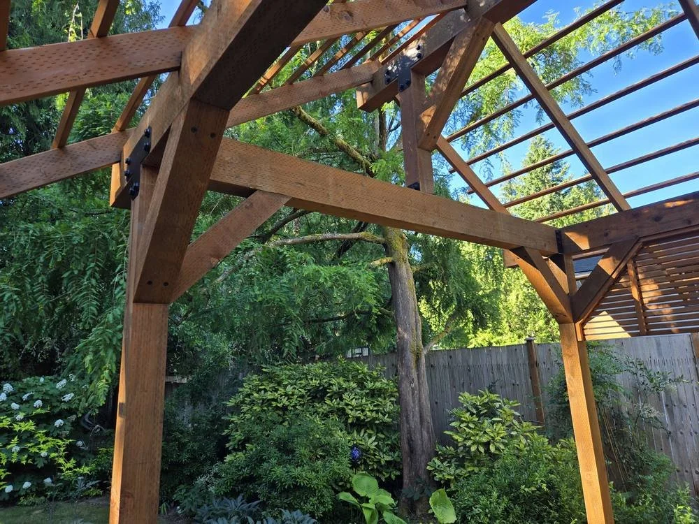Heavy pressure-treated timber pergola beams with ornamental black hardware