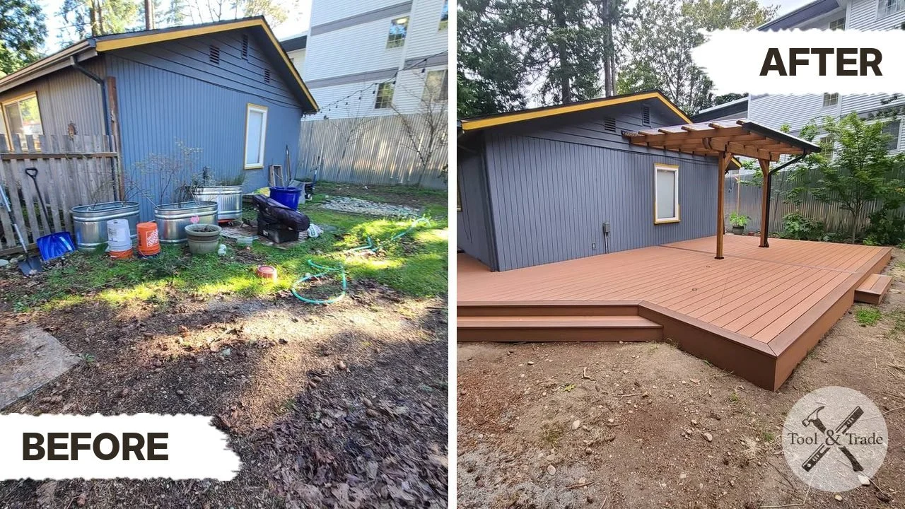 Before and after of a backyard transformed with a TimberTech PVC deck, picture-frame border and patio cover
