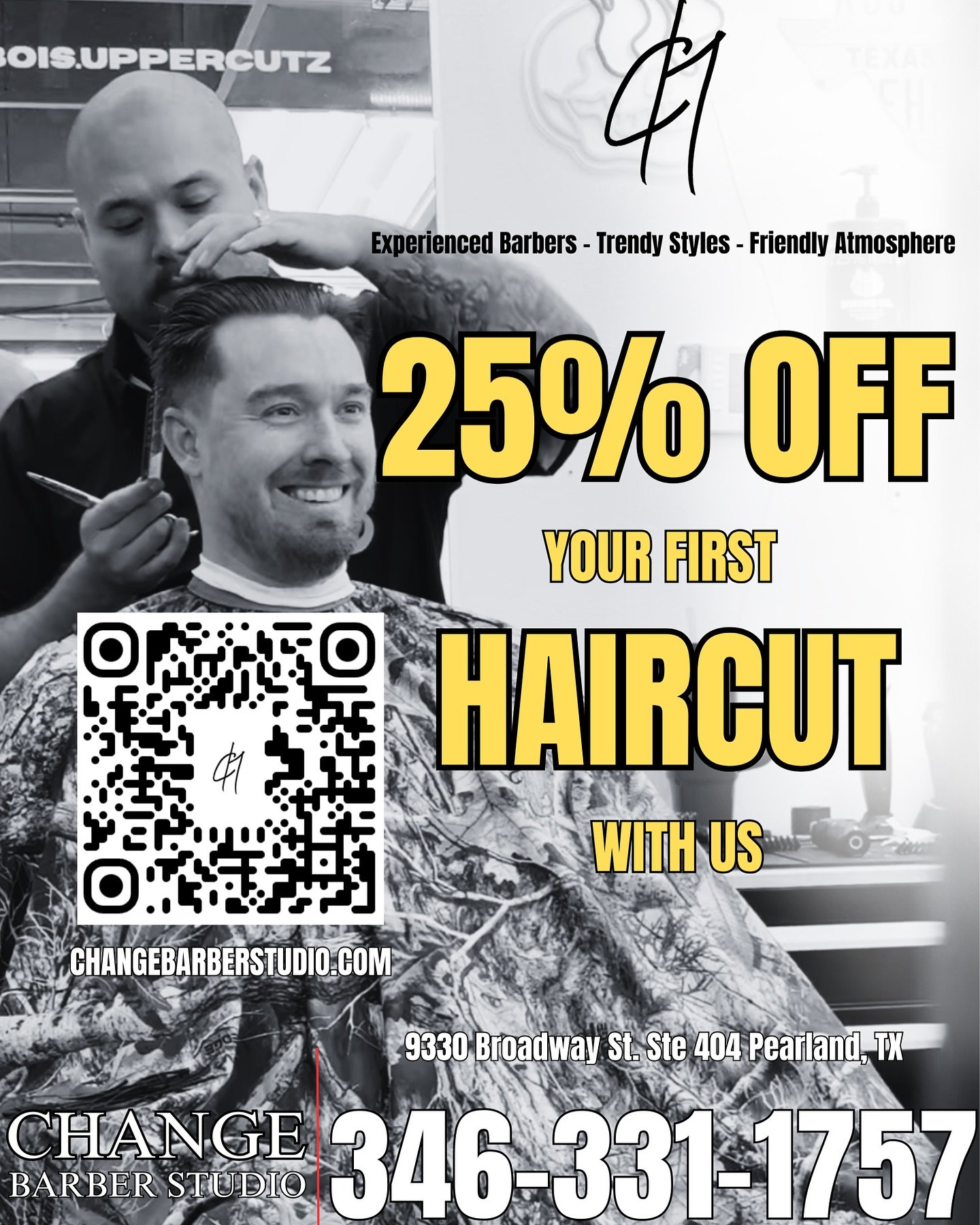 Looking for a fresh look? Enjoy 25% off your first haircut at our barbershop! Step in today and let us elevate your style! 

@changebarberstudio | Pearland, TX