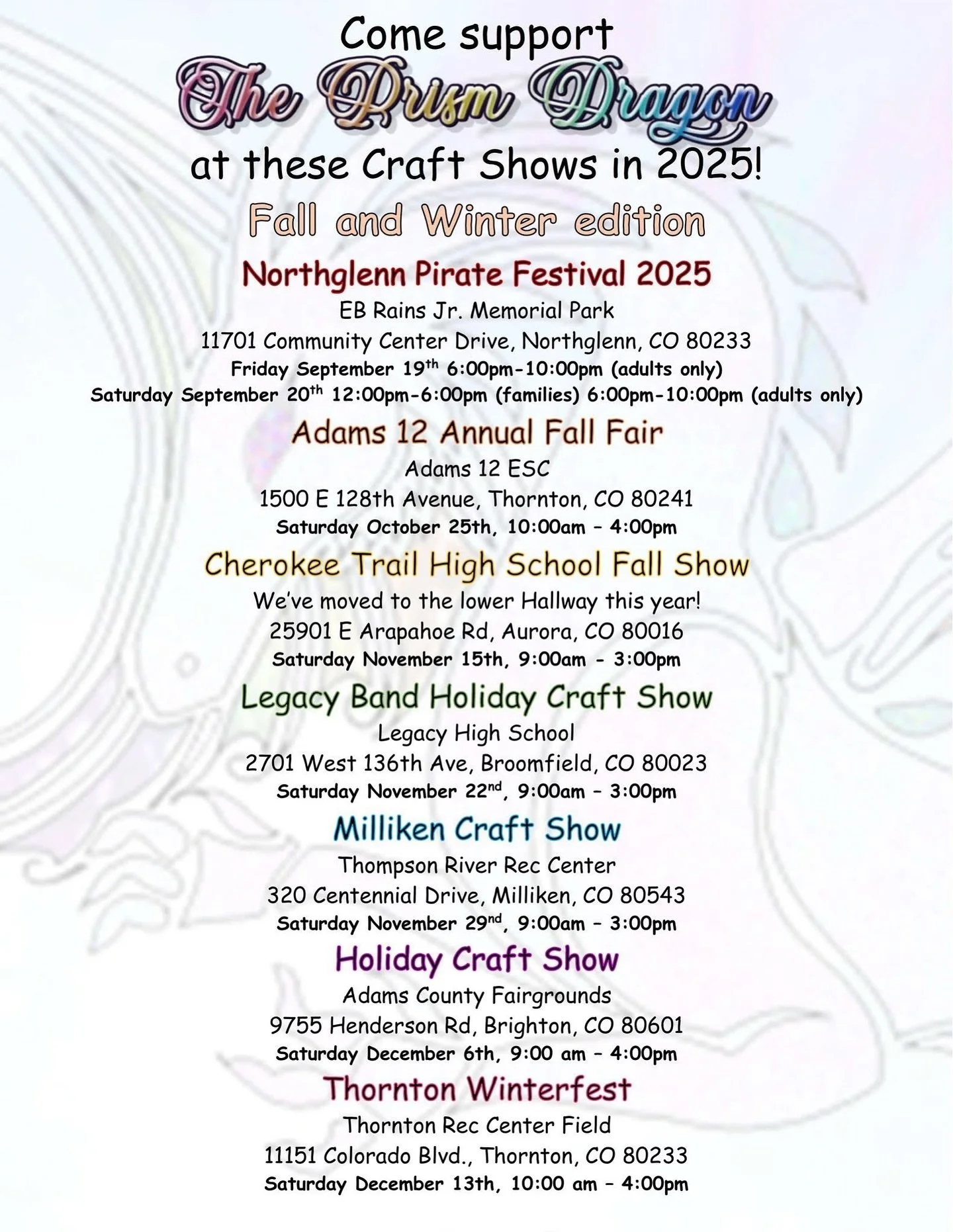 We have some great shows coming up over the next four months!!!!
👻👨🏻&zwj;🎤🧙🏻&zwj;♀️🧌🧛🏼&zwj;♂️🧜🏻&zwj;♀️🧚🏽&zwj;♀️🦄🦇🐉

#theprismdragon #smallbusiness #womeninstem #3dprinting #crochet #spookyseason #witchybusiness #gothbusiness #werelike