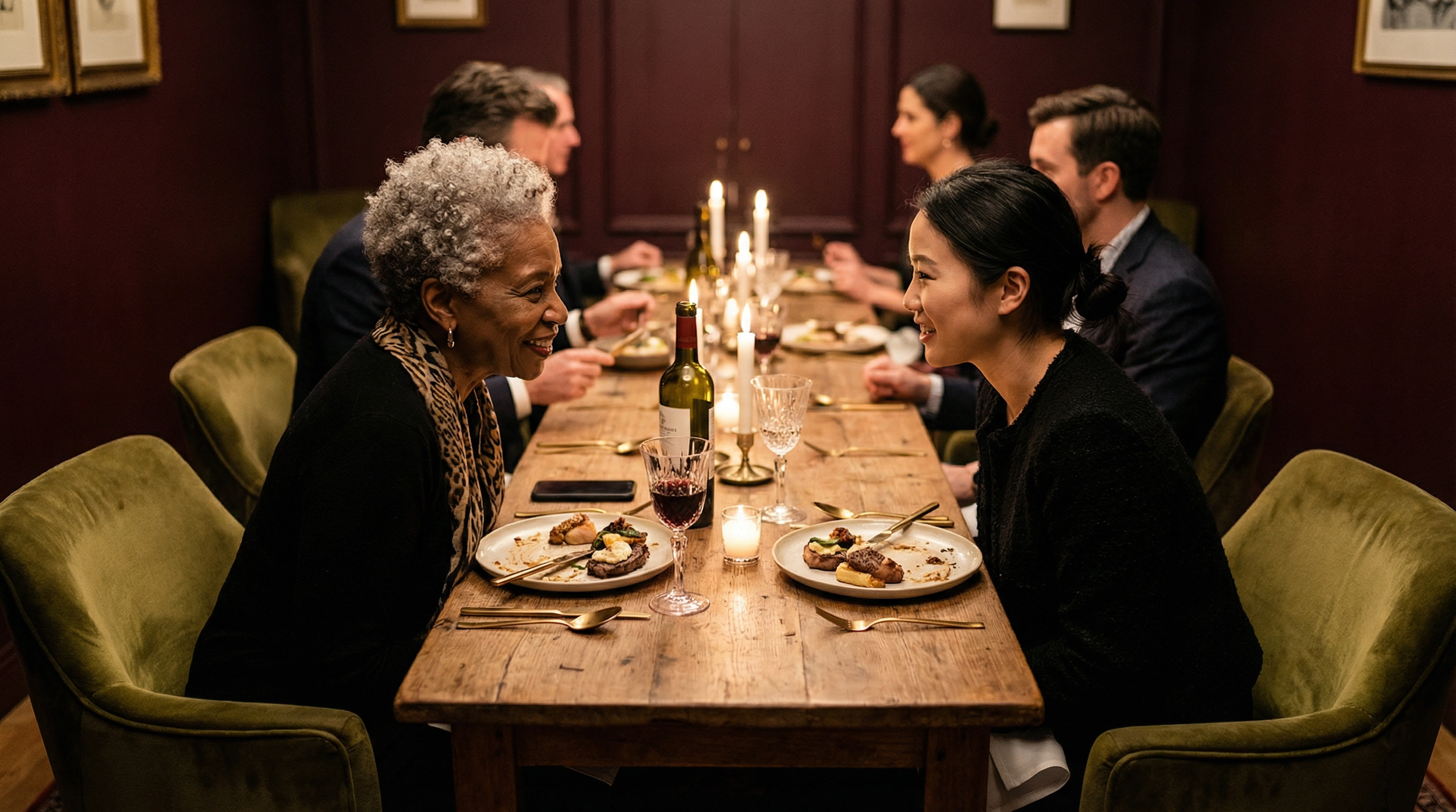 Two guests in conversation across a candlelit communal table during an intimate supper club dinner, with other diners enjoying a shared culinary experience