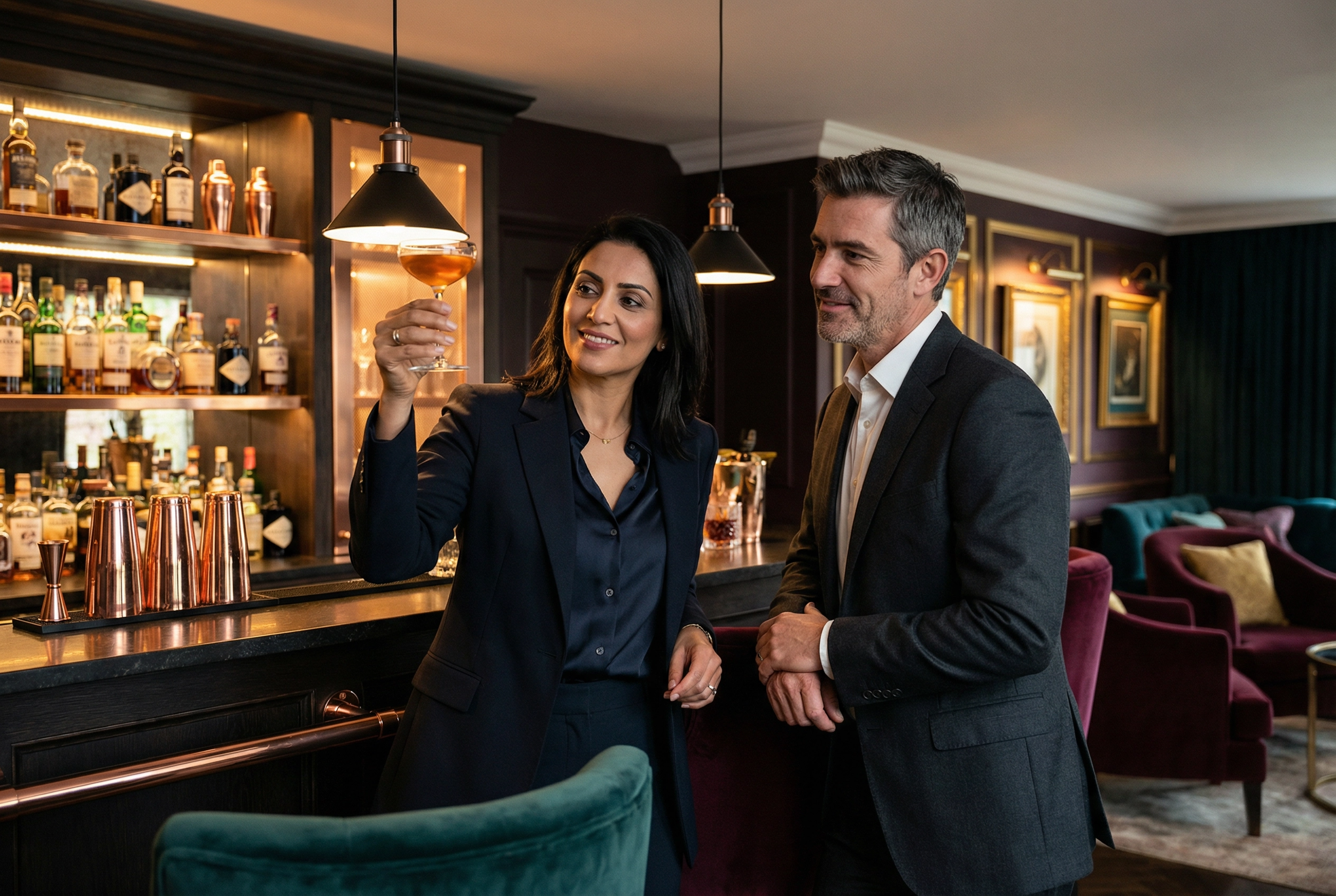 Guests evaluating a craft cocktail at a curated bar experience, highlighting premium spirits and guided tasting