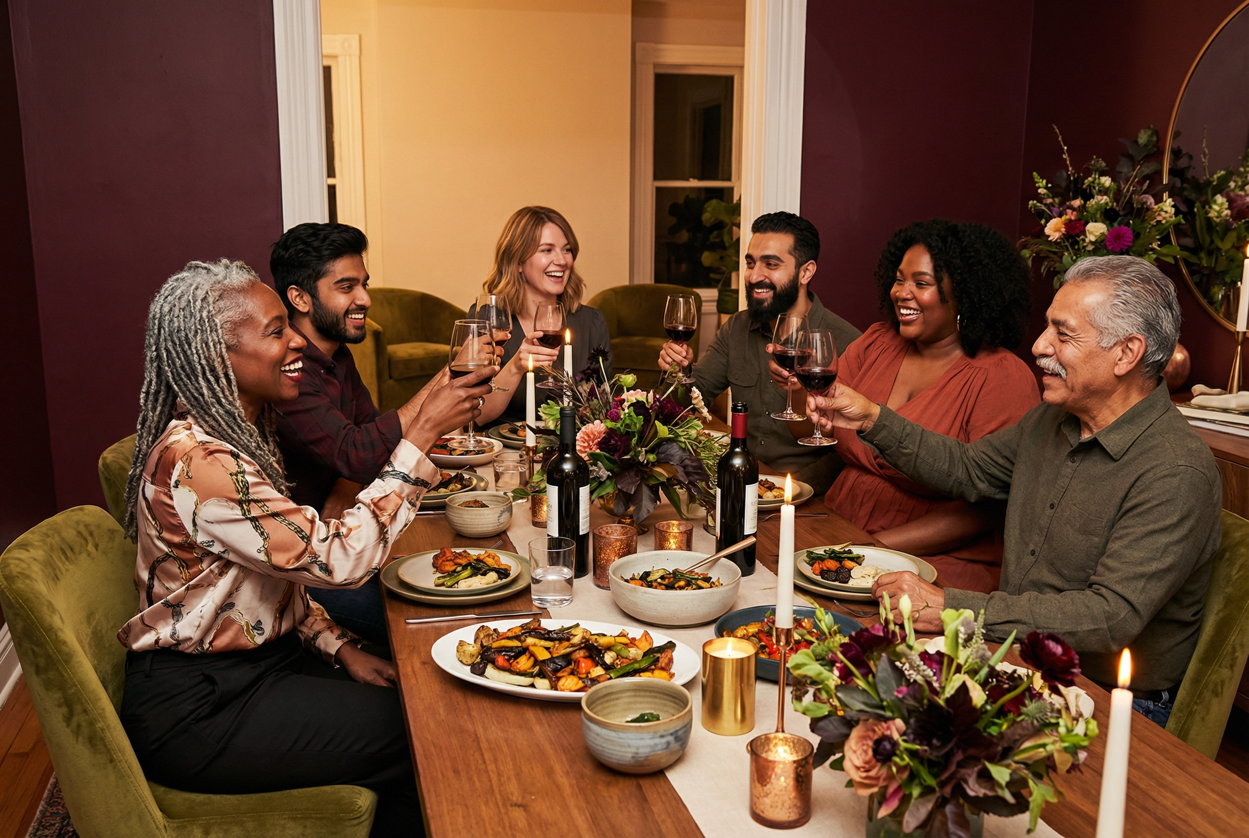 Diverse group of guests toasting with wine around a communal table during an intimate supper club dinner experience