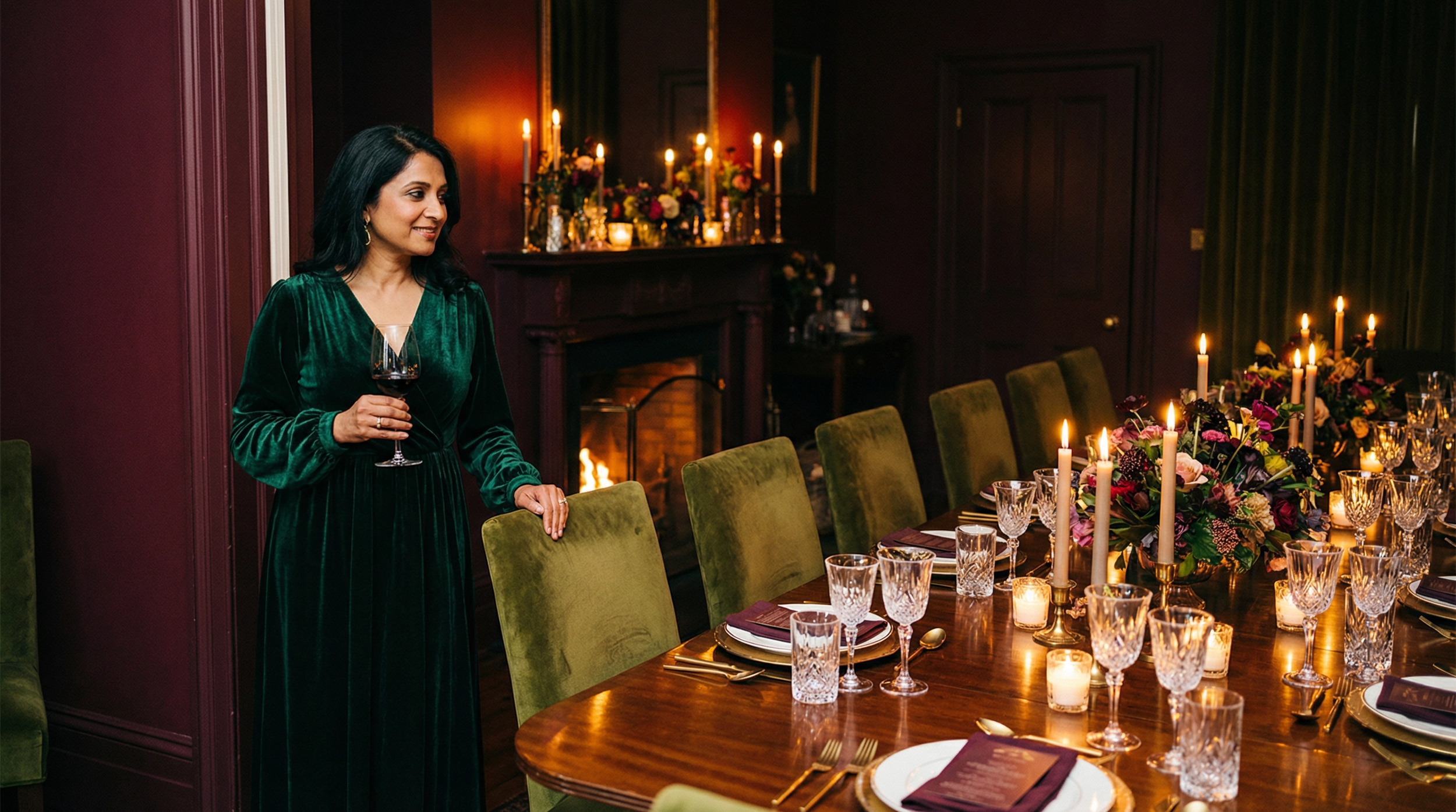 Woman holding a glass of red wine beside an elegantly set private dining table with candles and floral arrangements, creating an intimate supper club atmosphere