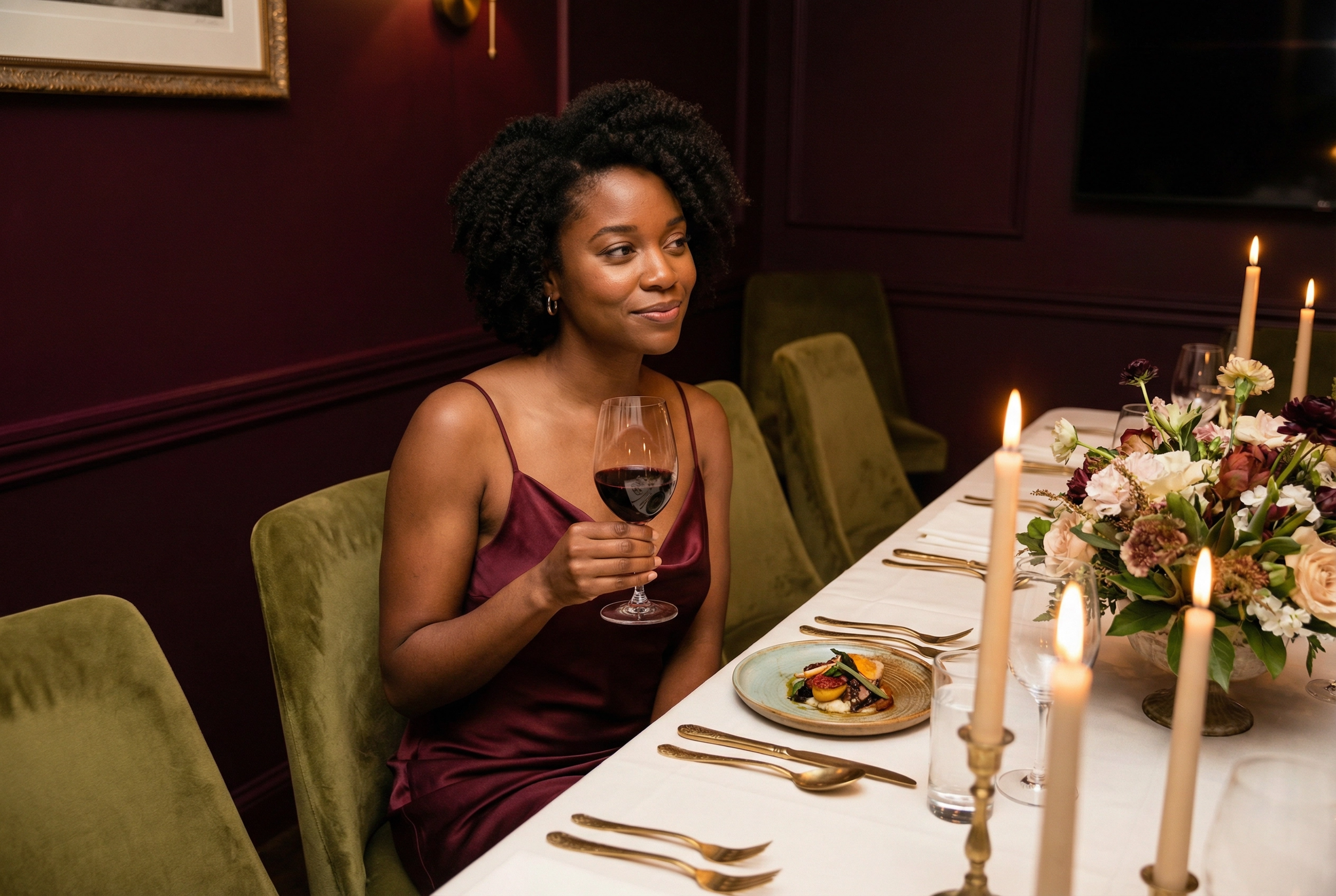 Woman enjoying a candlelit dinner with wine at an intimate supper club table, featuring plated fine dining and elegant table settings