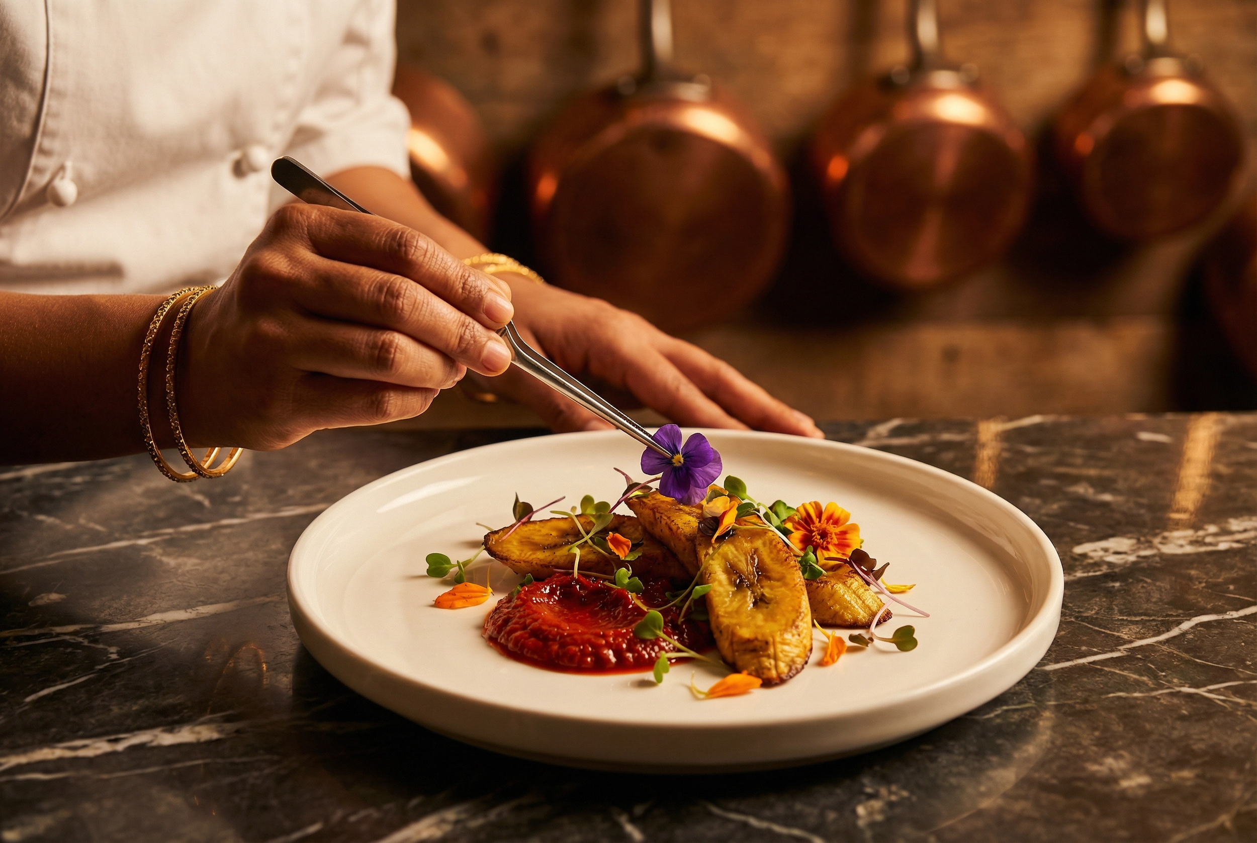 Chef delicately plating a gourmet dish with edible flowers and roasted vegetables, highlighting elevated culinary craftsmanship and presentation