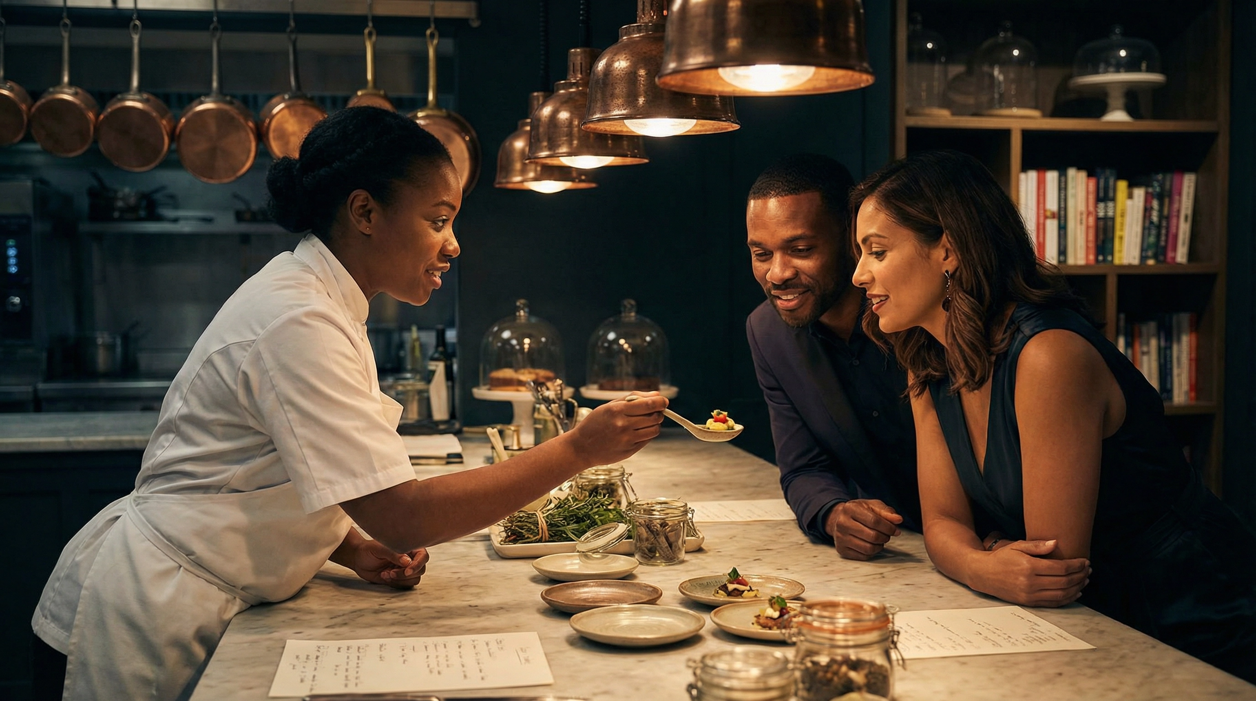 Chef presenting a plated tasting dish to two guests at a chef’s counter, showcasing an intimate chef-led dining experience and culinary storytelling