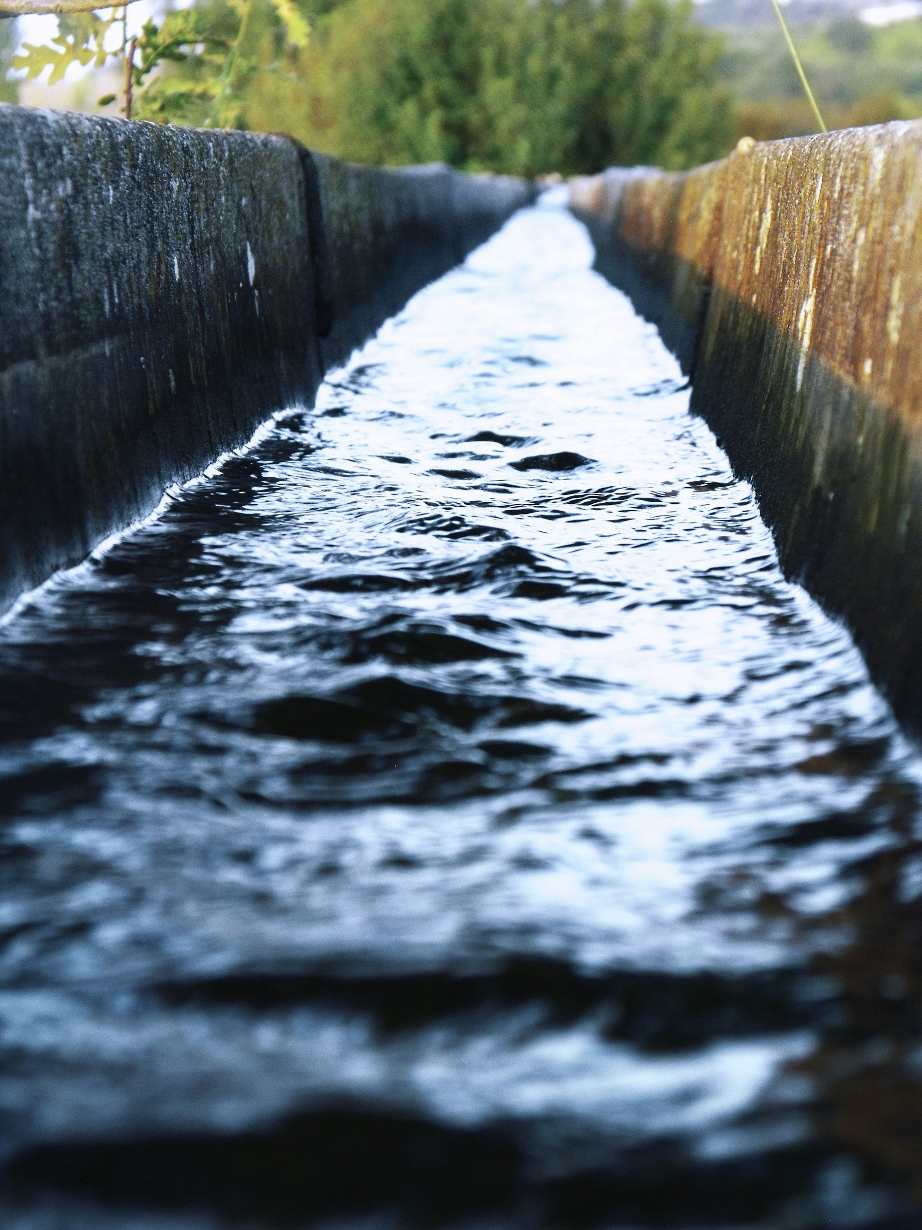 Close-up of water flowing between two wooden planks, with a blurred natural background.
