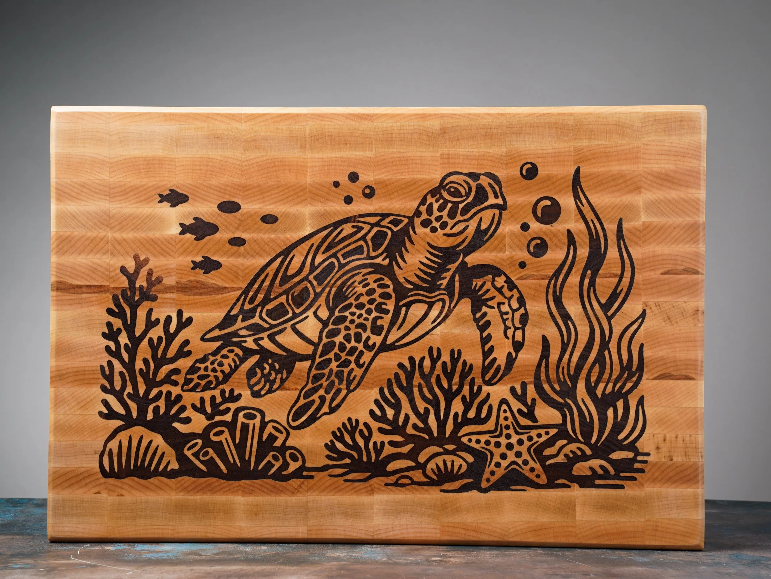 Maple End Grain Cutting Board with Walnut Sea Turtle Inlay