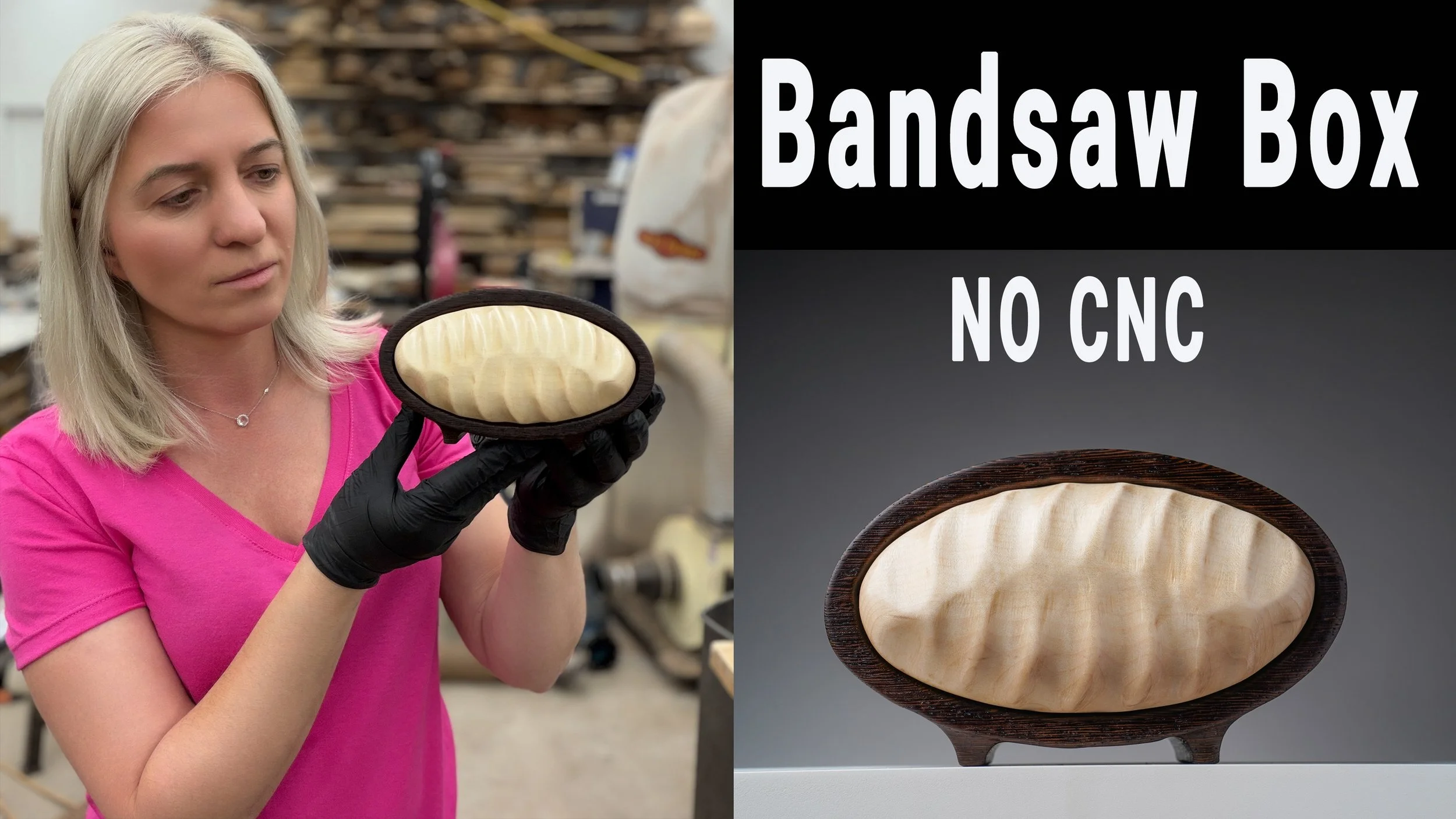 Skyler holding the handmade bandsaw box in a woodworking video thumbnail.