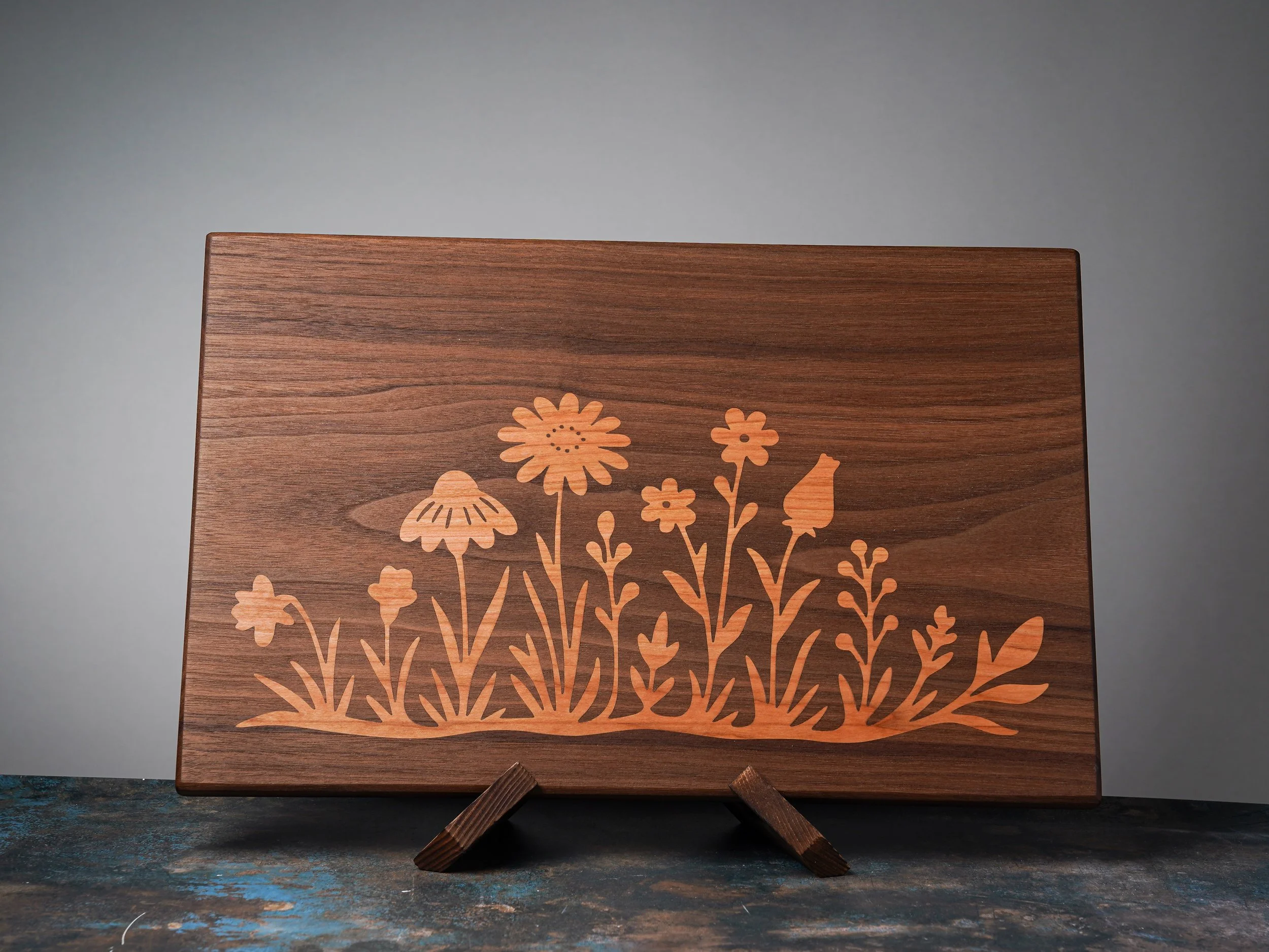 Walnut Cutting Board with Cherry Flower Inlay