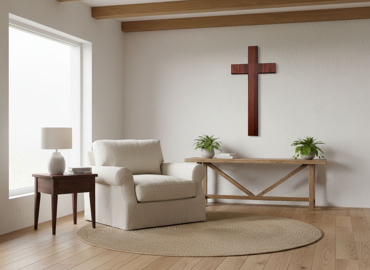 Firefly_Gemini Flash_generate  a image of a beautiful room with this 35 in cross on the wall 143895.png