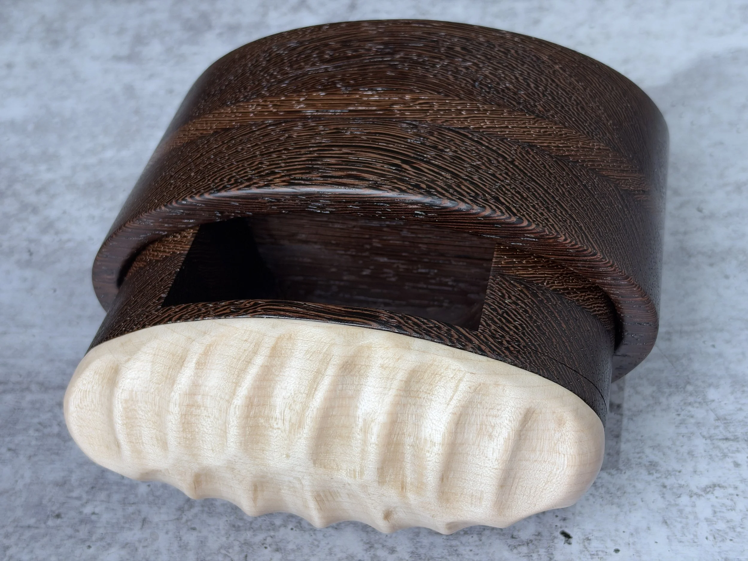 Wenge bandsaw box with drawer open to show the storage space.