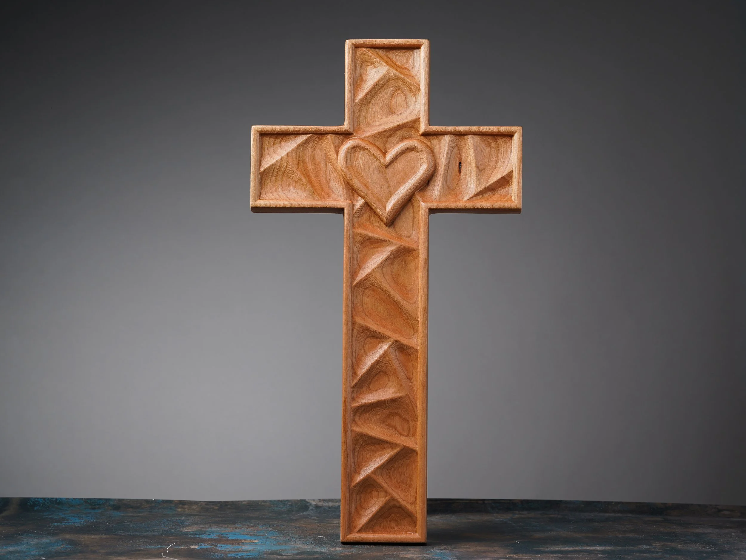 Cherry Wood Cross with Heart Motif
