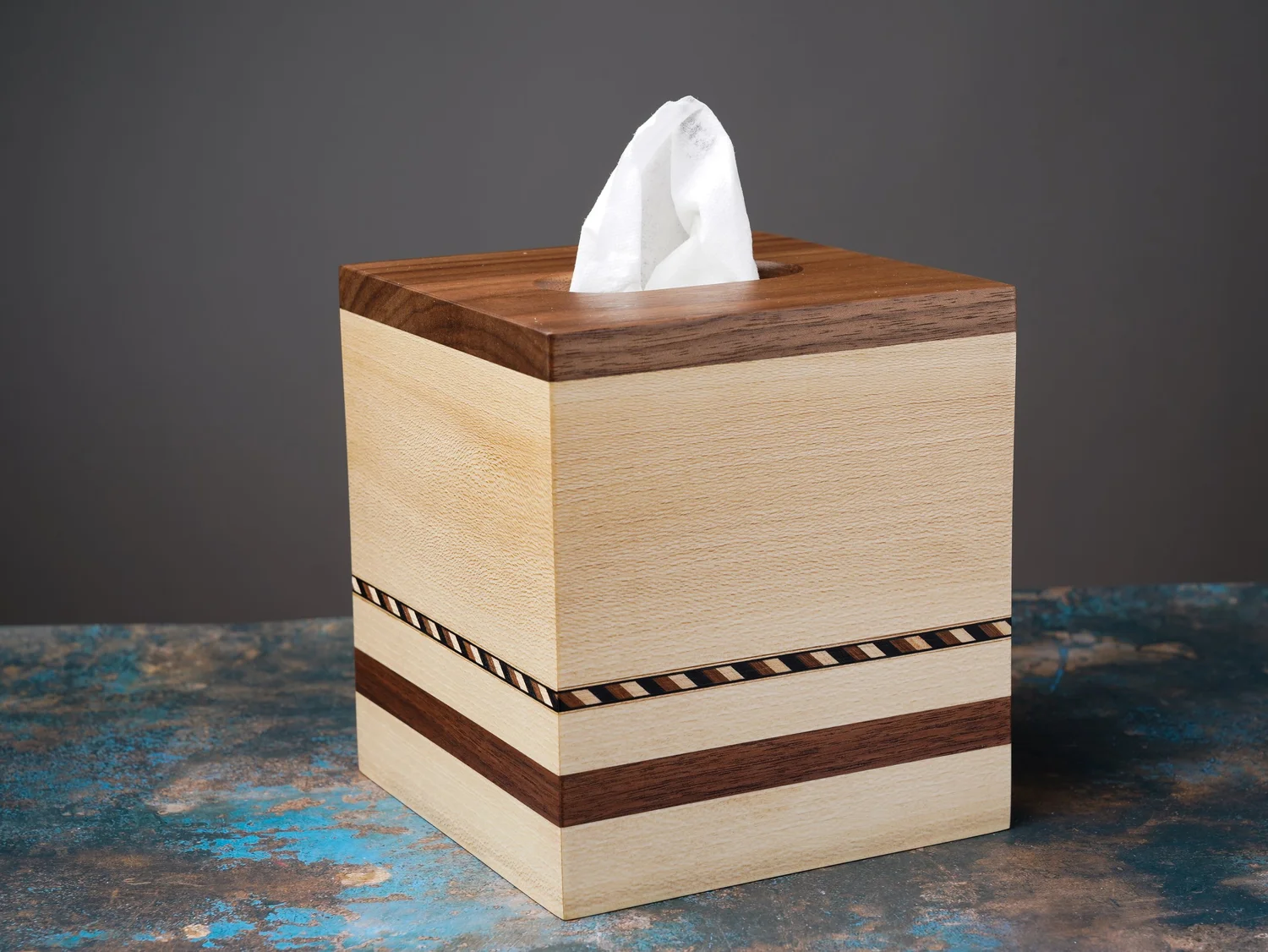 Sycamore tissue box cover with walnut top and patterned accent stripe