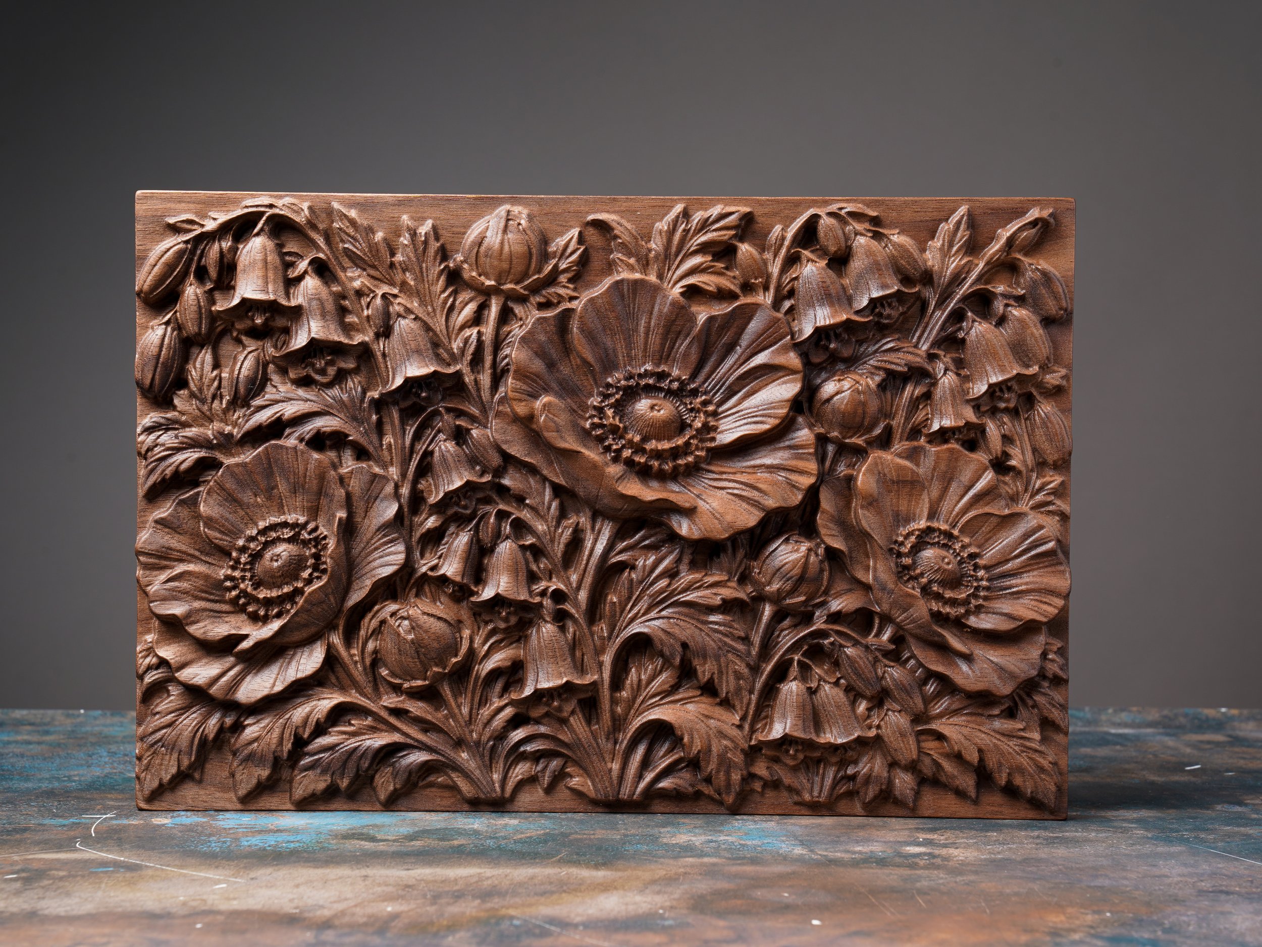 Carved Walnut Floral Wall Art – 12 × 8 Inches