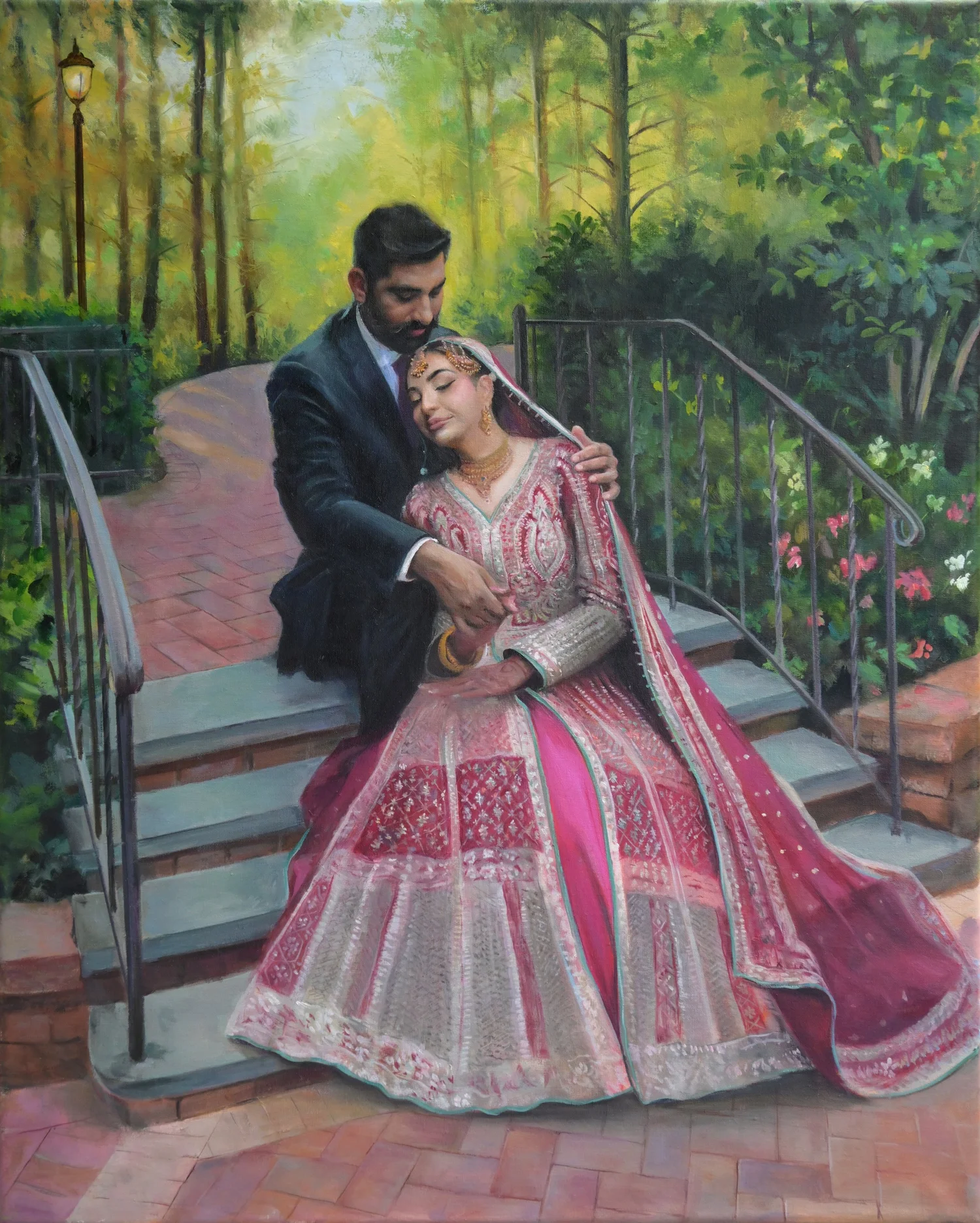 Samrah and Afaq South Asian wedding painting by luxury live wedding painter Flladi Kulla, romantic garden portrait with cultural detail, fine art oil painting.