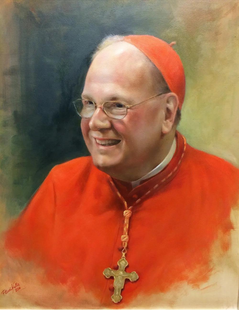 Oil portrait of Cardinal Dolan in red vestments with a warm smile.