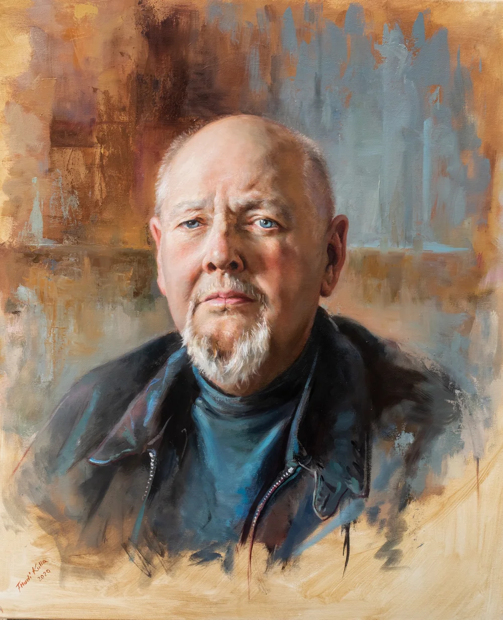 Oil portrait of an older man with blue eyes, white goatee, and leather jacket against a painterly background.