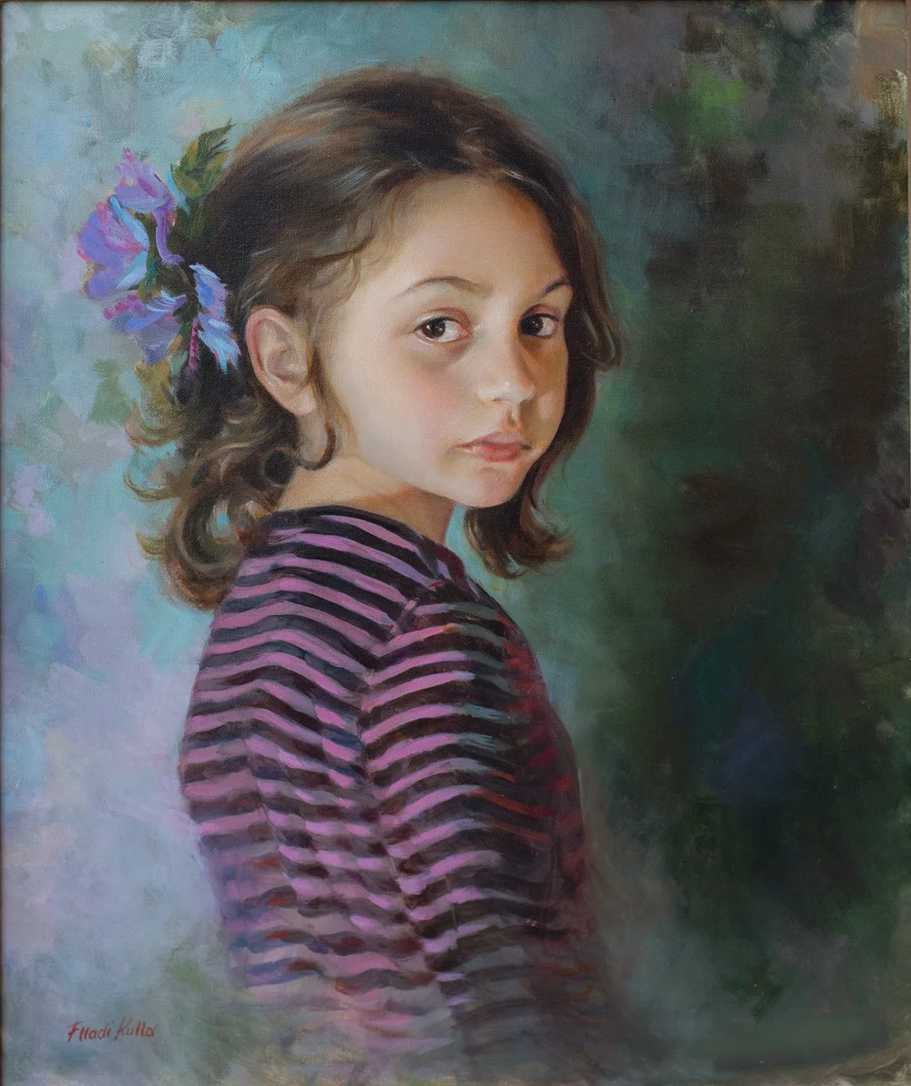 Oil portrait of a young girl in a striped sweater with a flower in her hair, turned in profile.