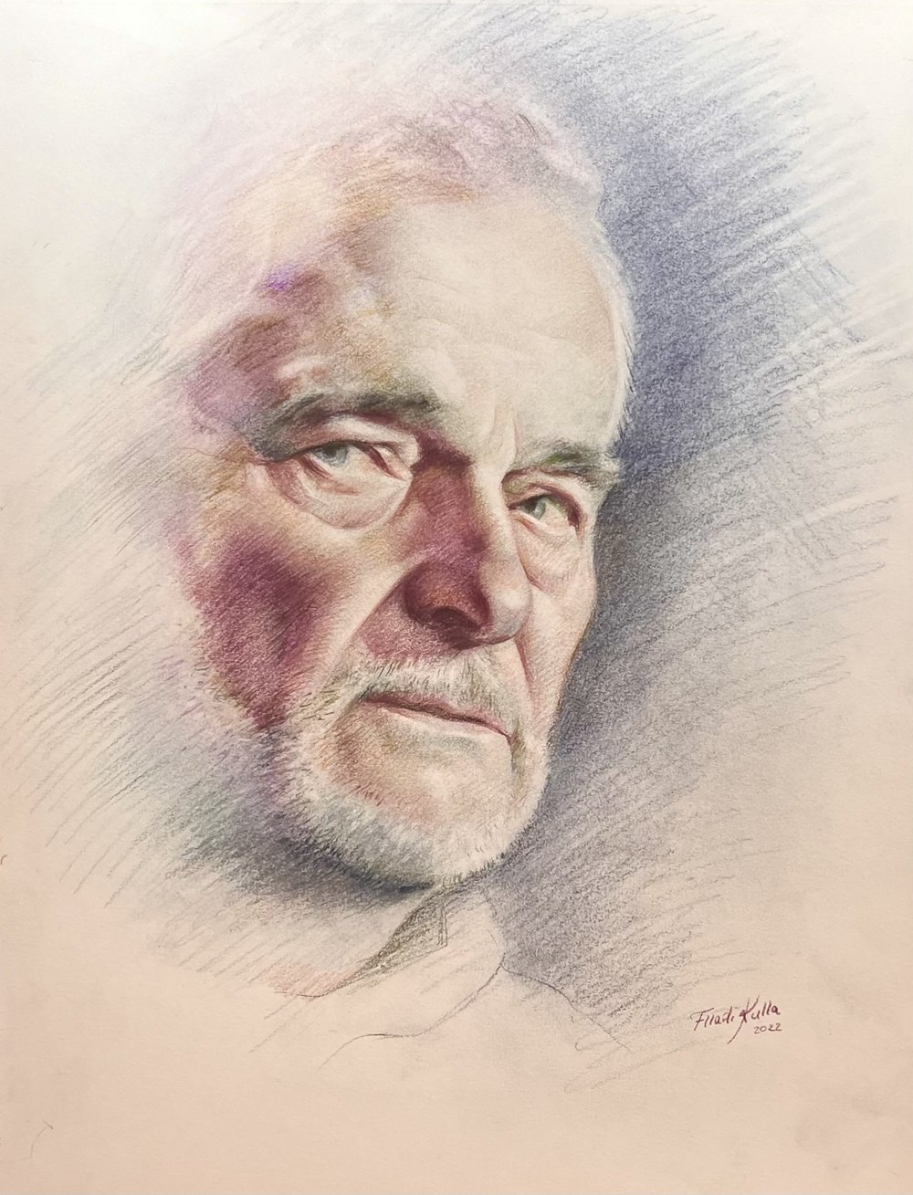 Colored pencil portrait drawing of actor Viktor Zhusti in three-quarter view.