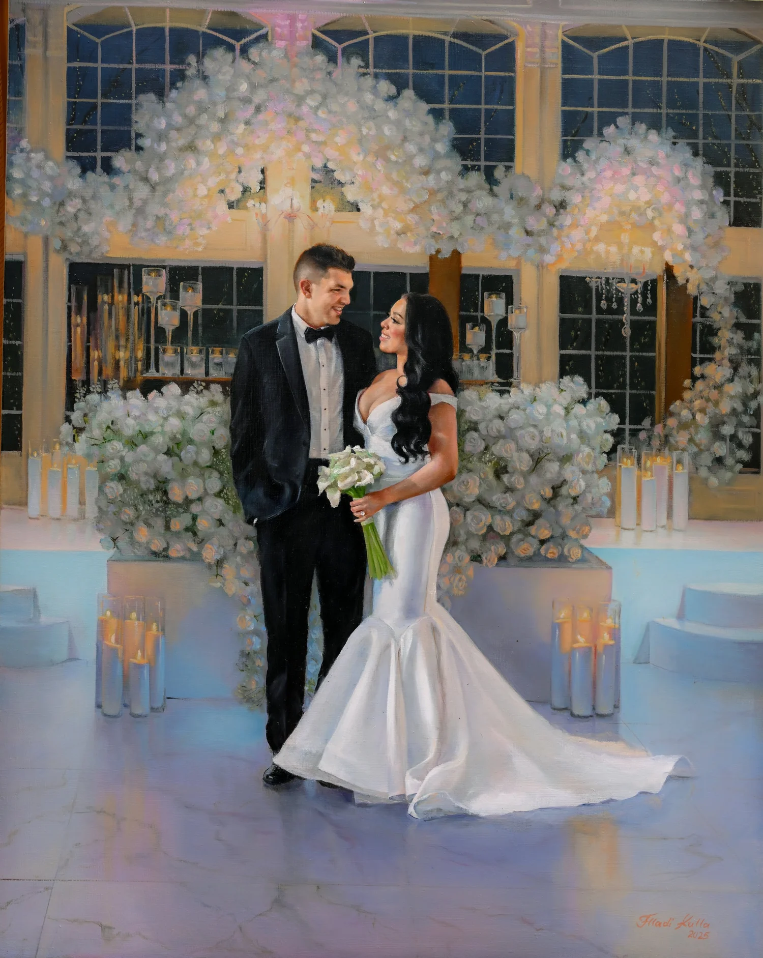 Live wedding painting of Allison and Arian at The Estate at Florentine Gardens in River Vale, New Jersey by Flladi Kulla