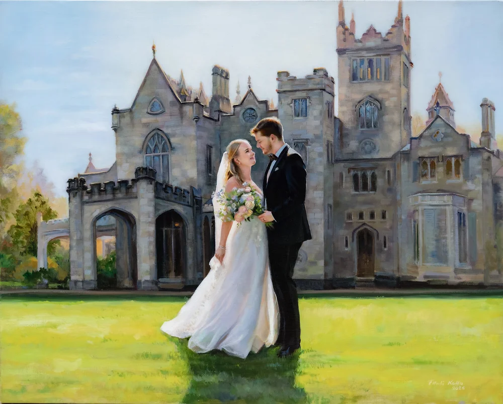 Luxury live wedding painting of Alexa and Girault at Lyndhurst Mansion in Tarrytown, New York by Flladi Kulla