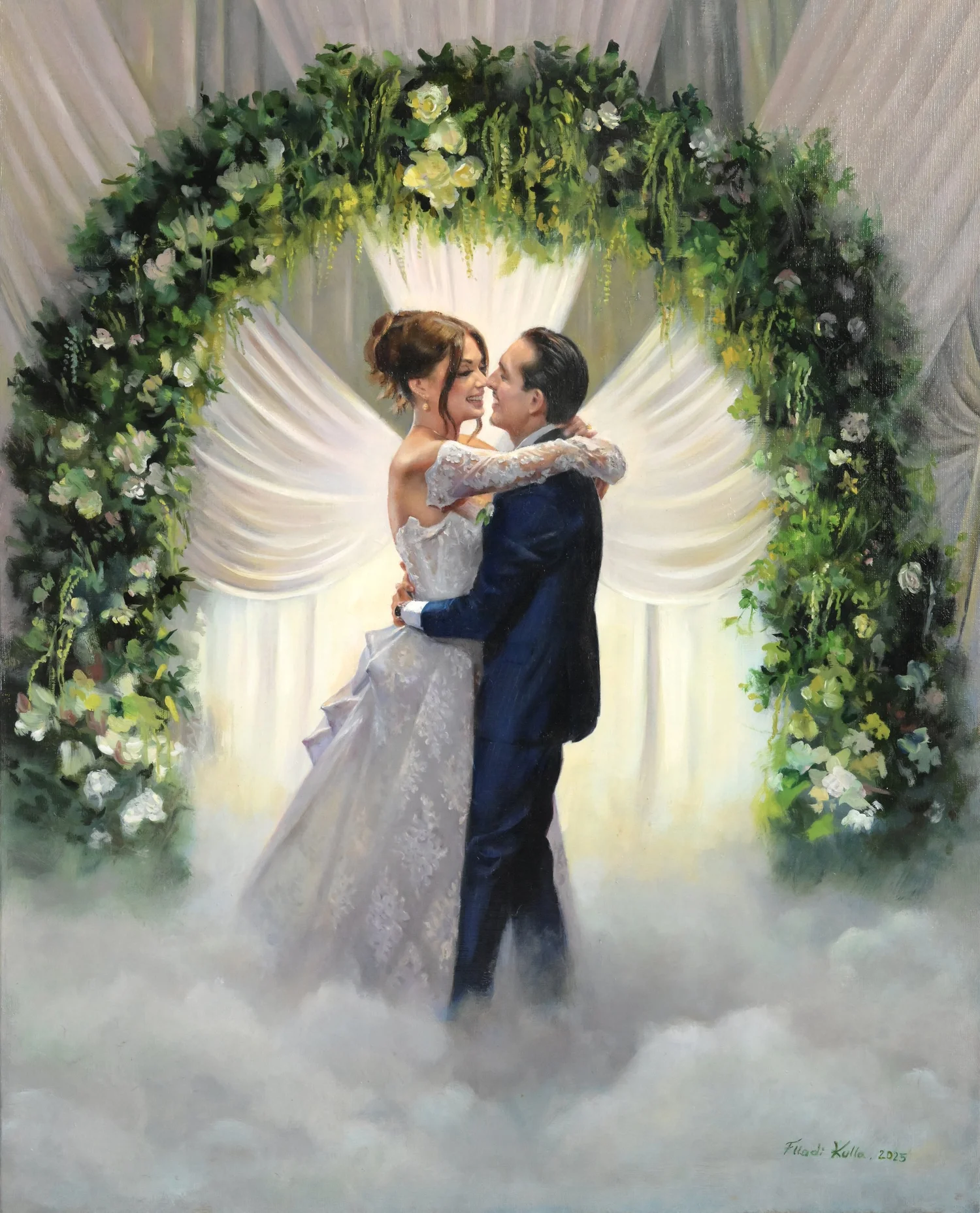 Romantic live wedding painting of Brittany and Jesus at Bayview on the Water in Freeport, New York by Flladi Kulla