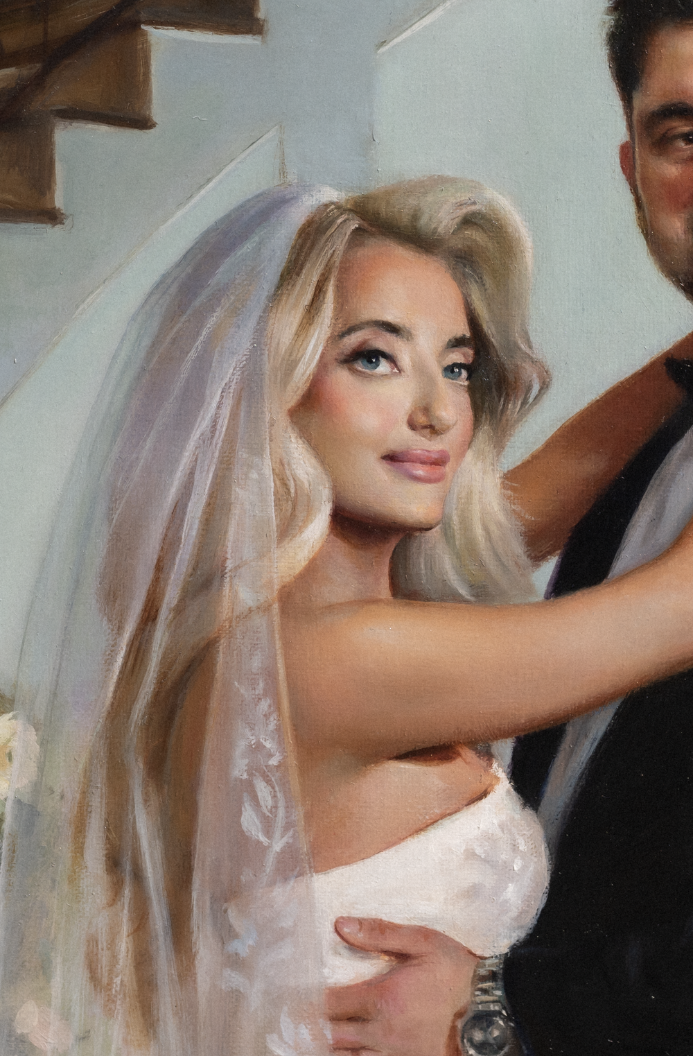 Close-up portrait painting of a bride showing fine detail, light, and expression by Flladi Kulla