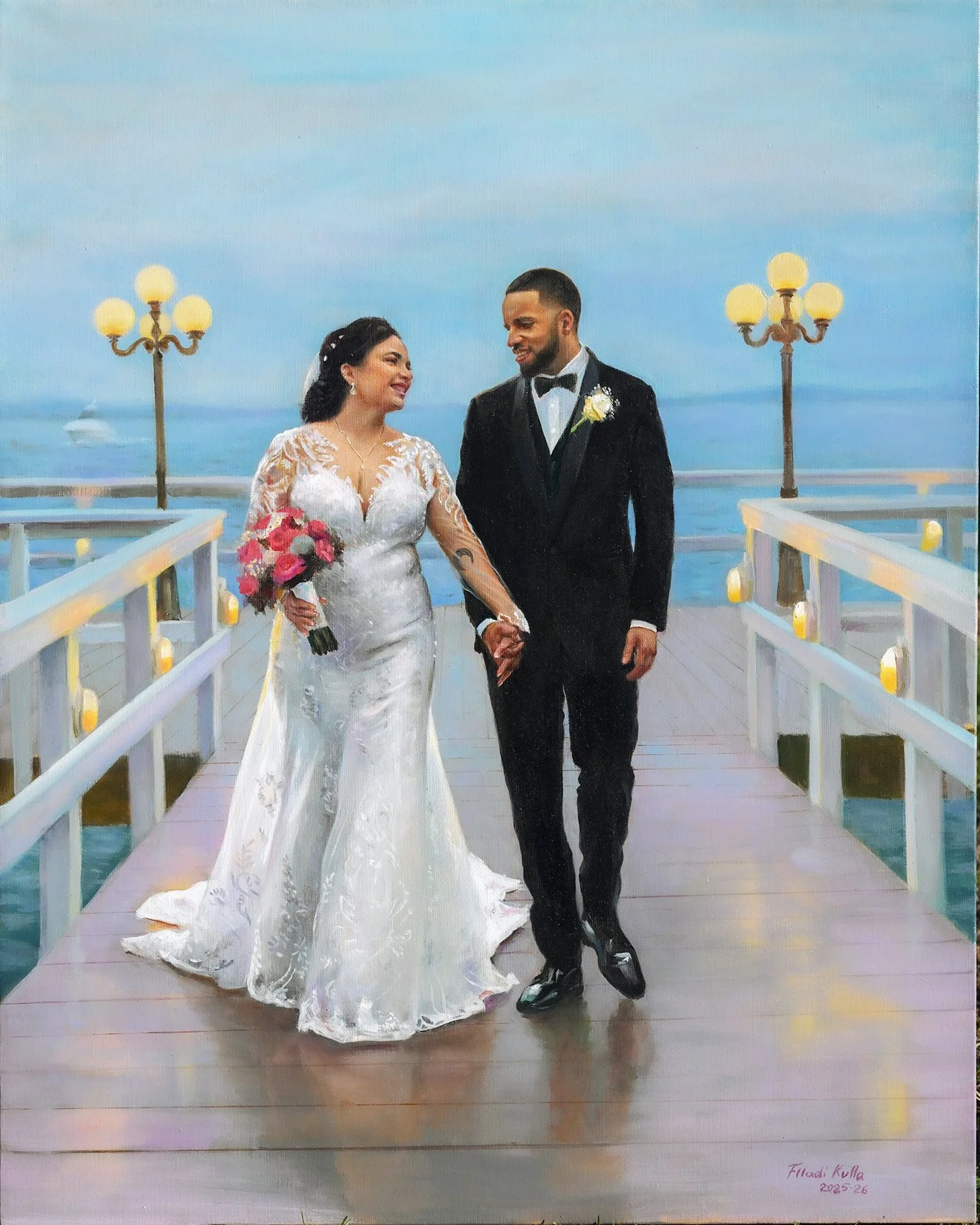 Luxury live wedding painting of Amanda and Jonathan at Chateau La Mer in Lindenhurst, New York by Flladi Kulla