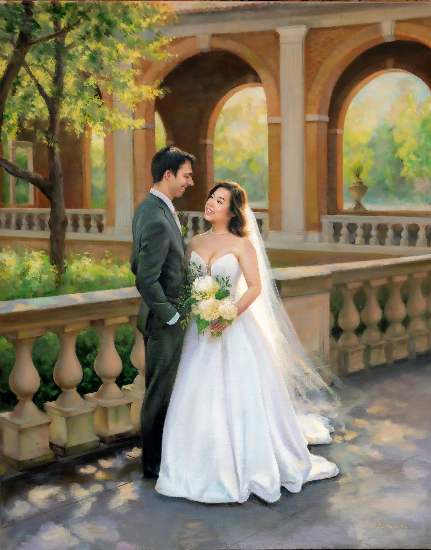 Live wedding painting of Myka and Aaron at Columbus Park Refectory in Chicago, Illinois by Flladi Kulla